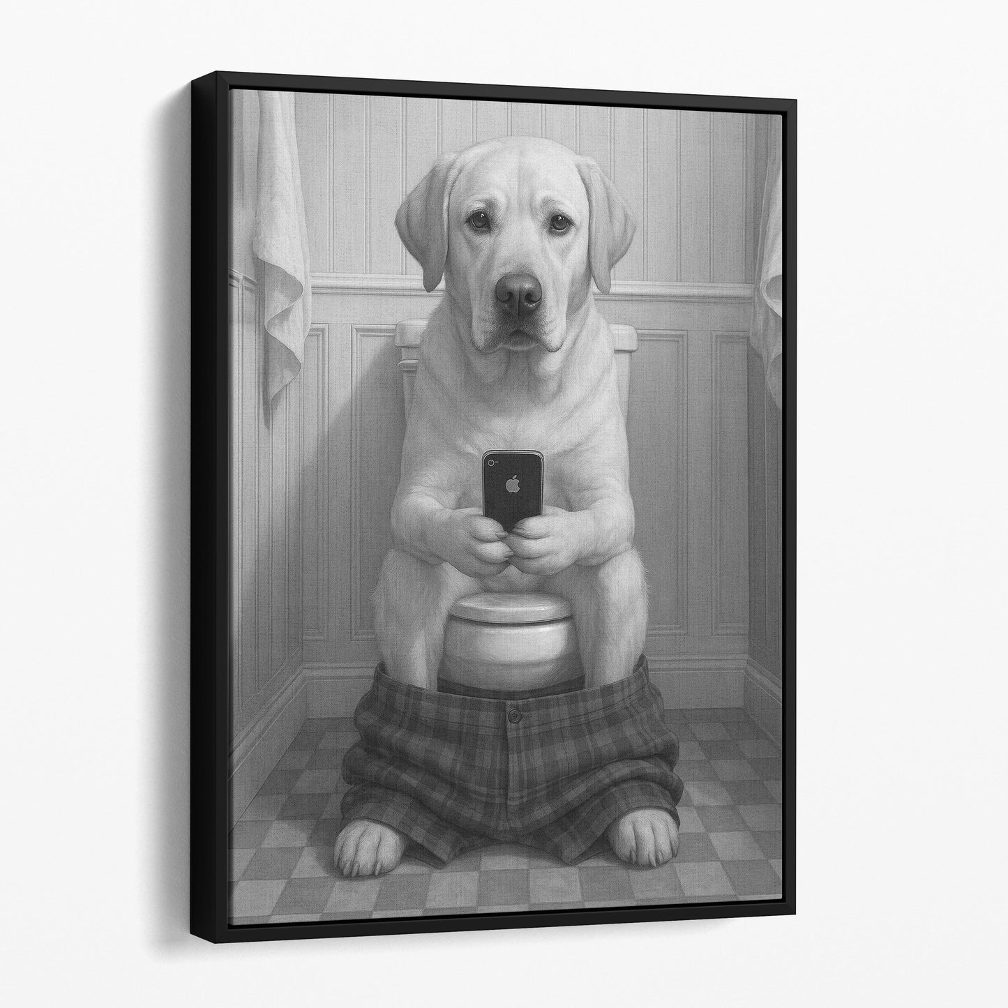 Yellow Labrador Retriever Dog On The Phone On The Toilet