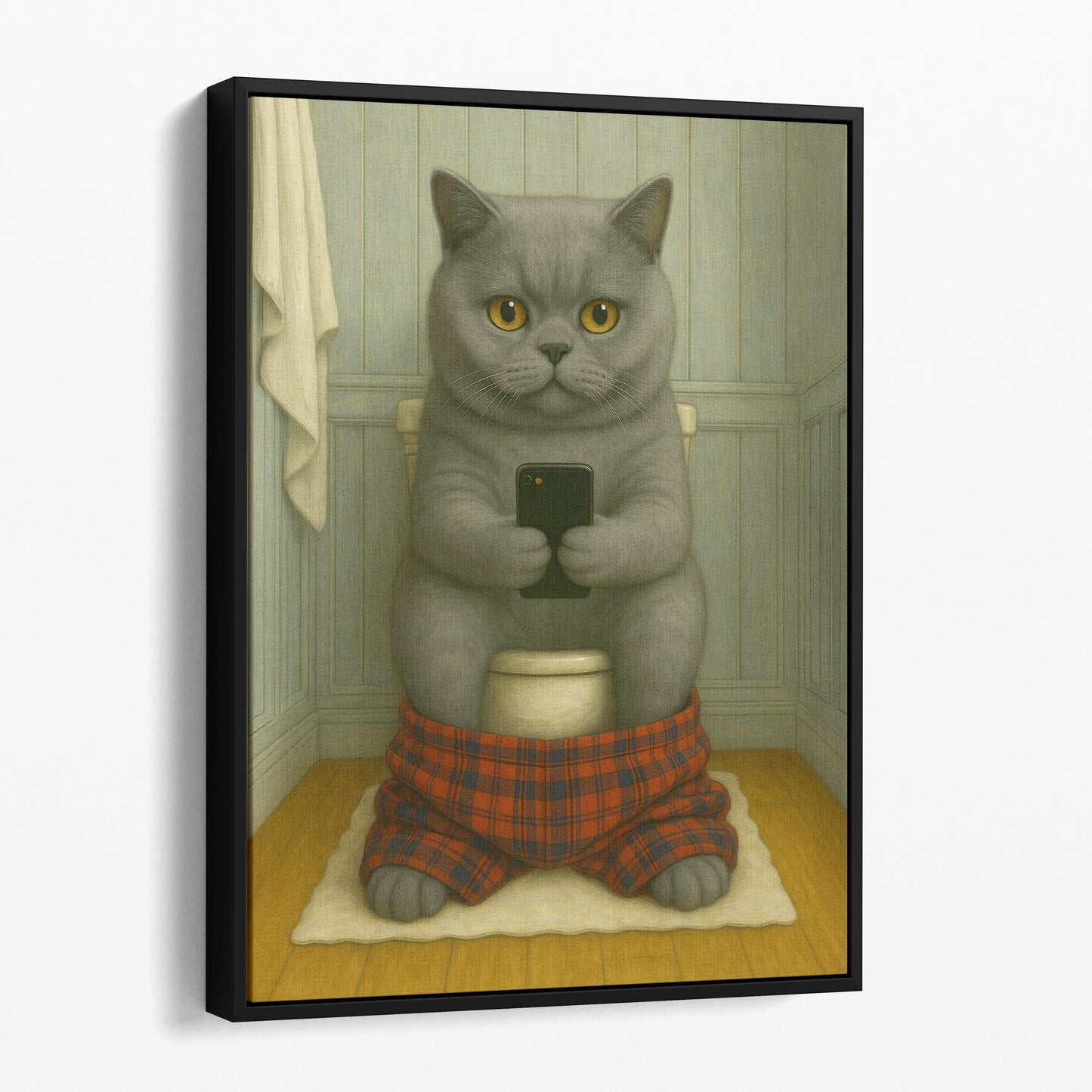 British Shorthair Cat On The Phone On The Toilet