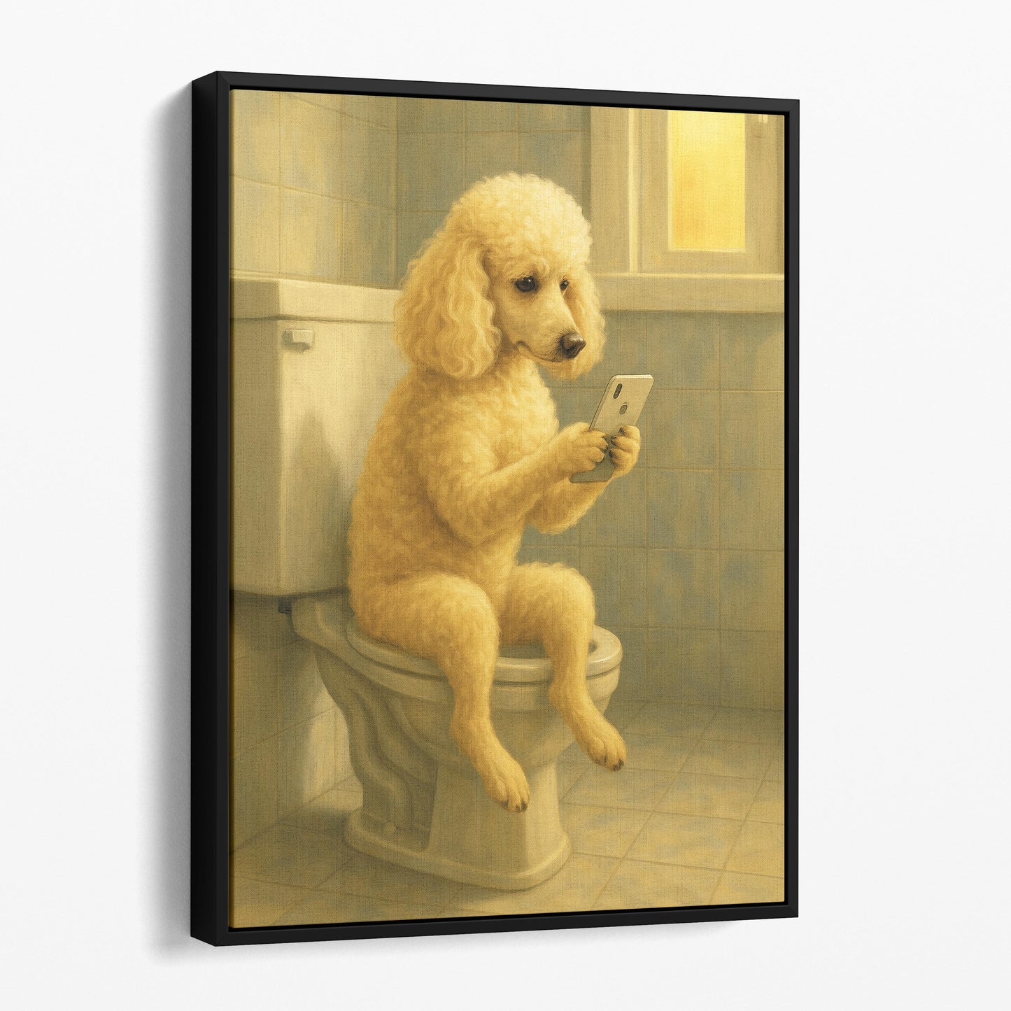 Poodle Dog On The Phone On The Toilet