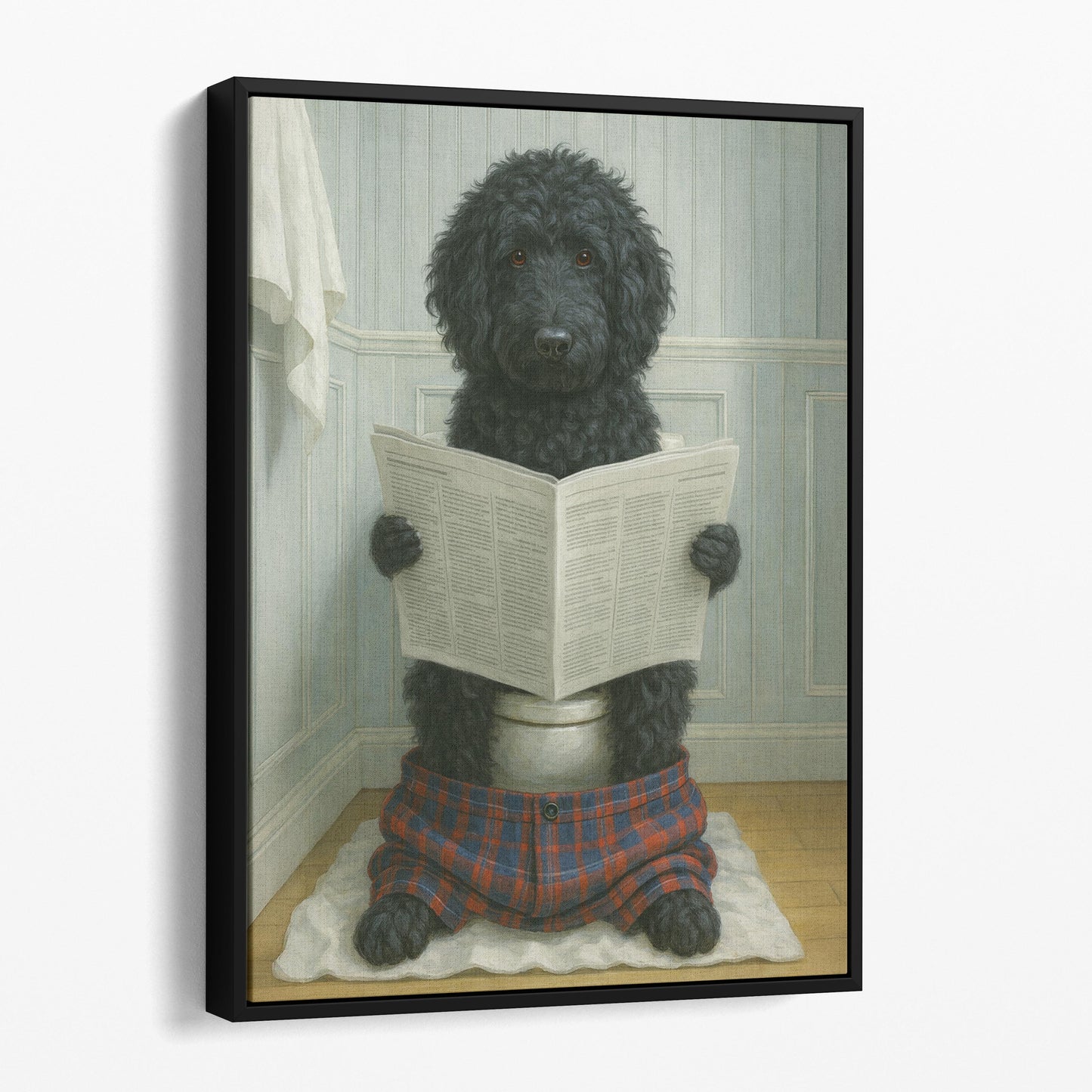 Black Golden Doodle Reading The Newspaper On The Toilet
