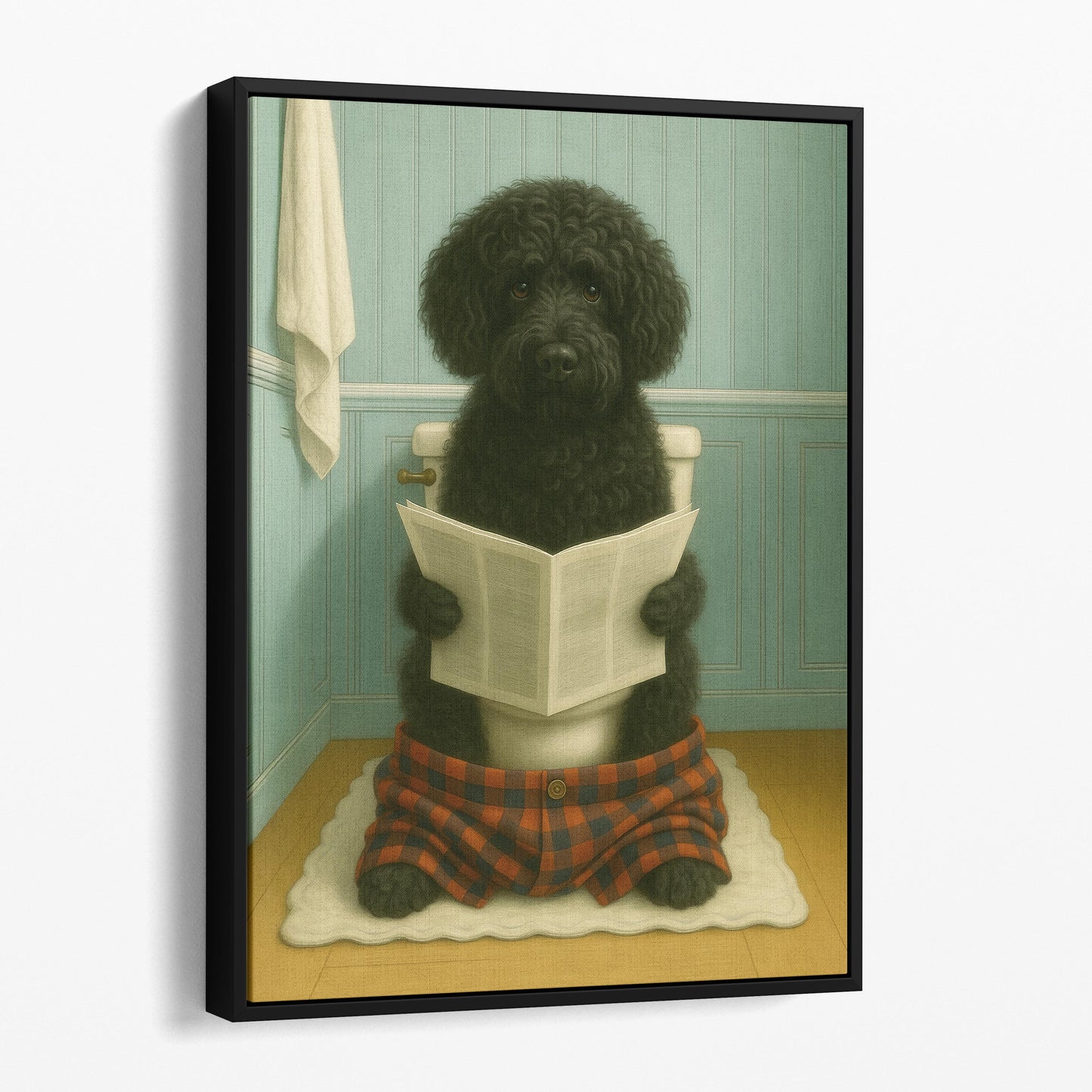 Portuguese Water Dog Reading The Newspaper On The Toilet