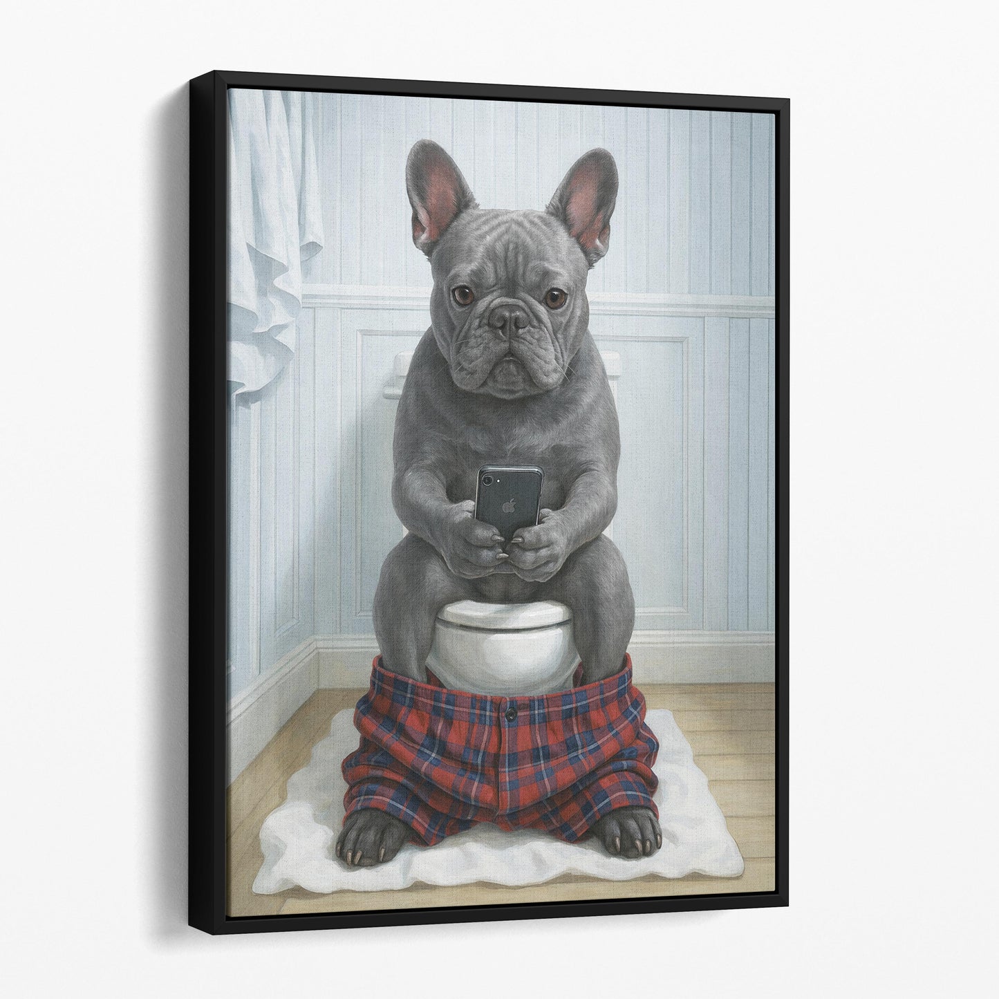 Grey French Bulldog On The Phone On The Toilet