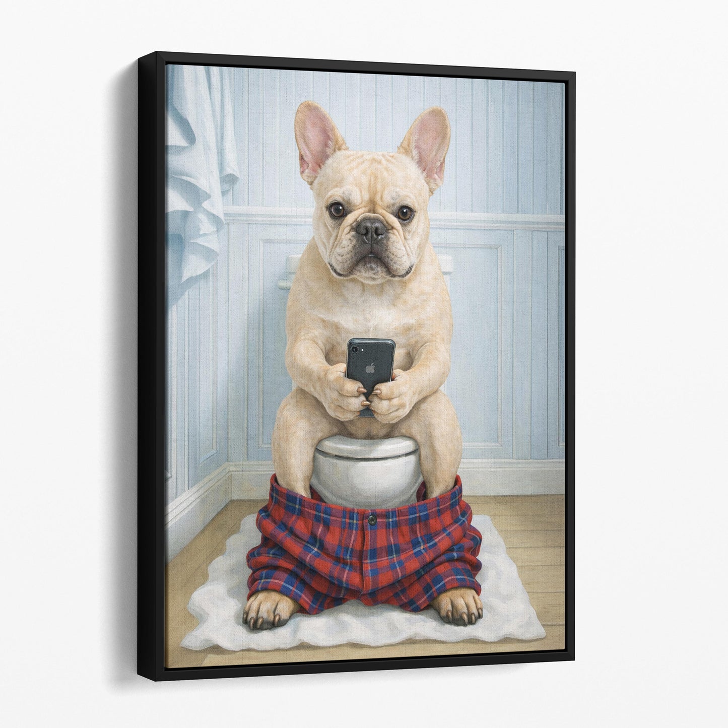 Cream French Bulldog On The Phone On The Toilet