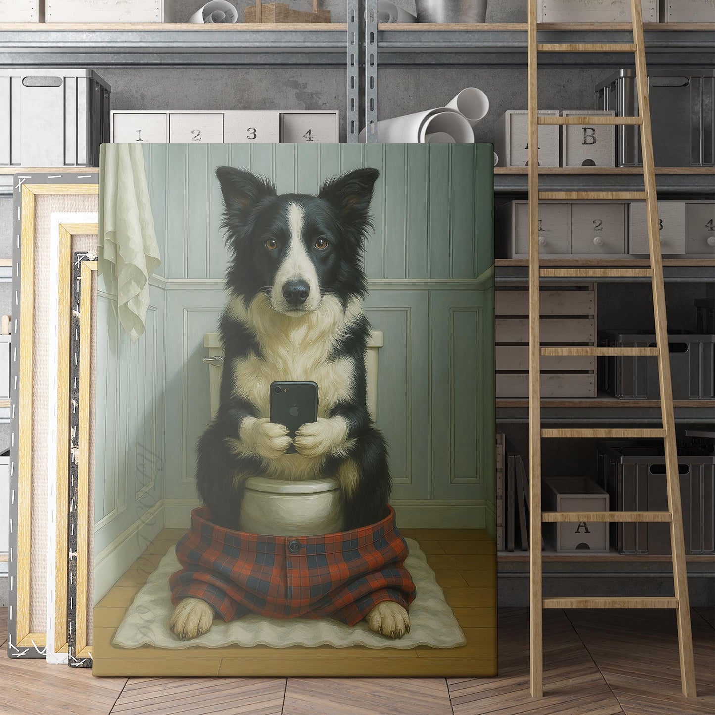 Border Collie Dog On The Phone On The Toilet