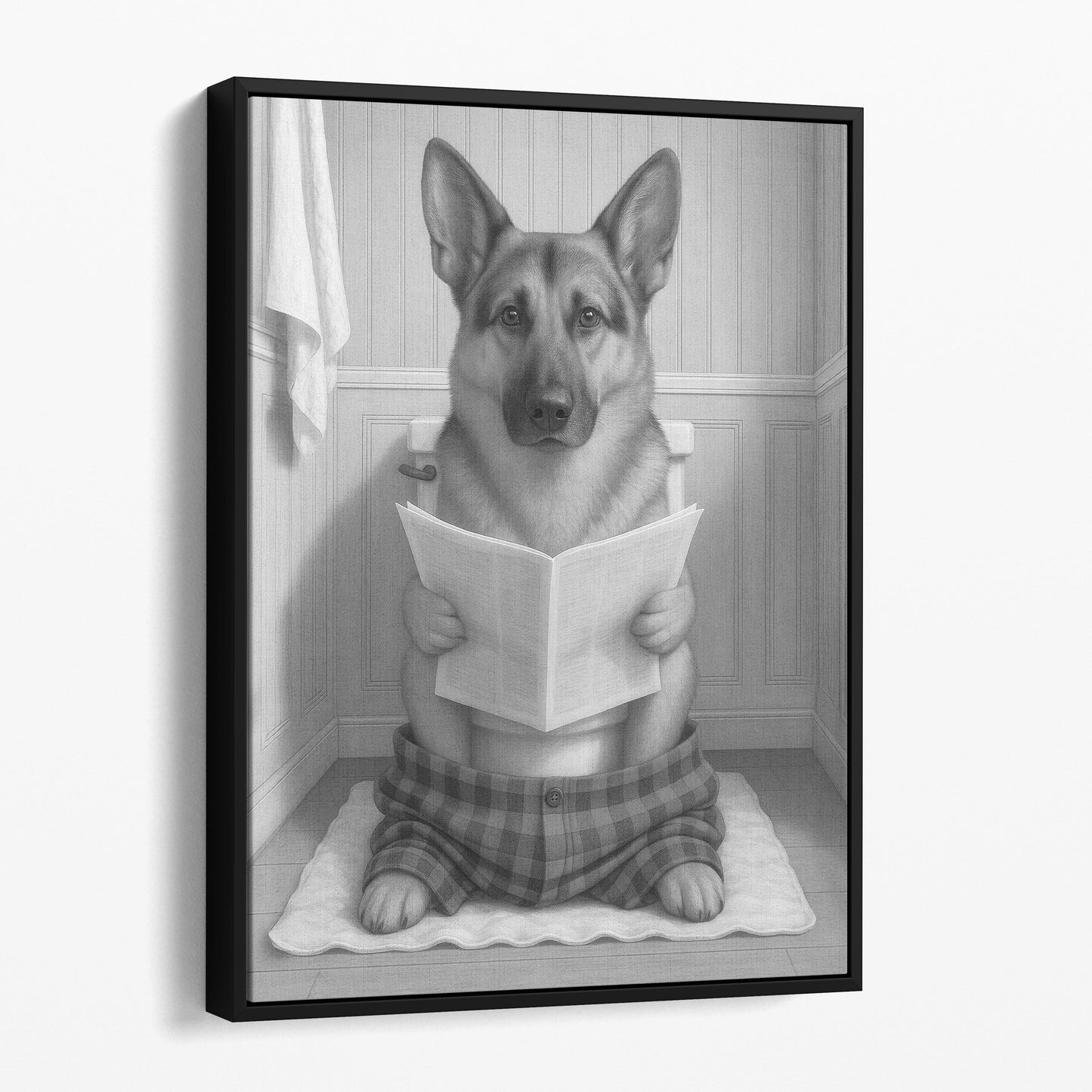 German Shepherd Dog Reading The Newspaper On The Toilet