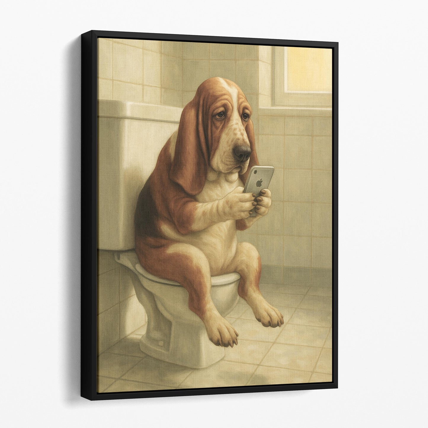 Basset Hound Dog On The Phone On The Toilet