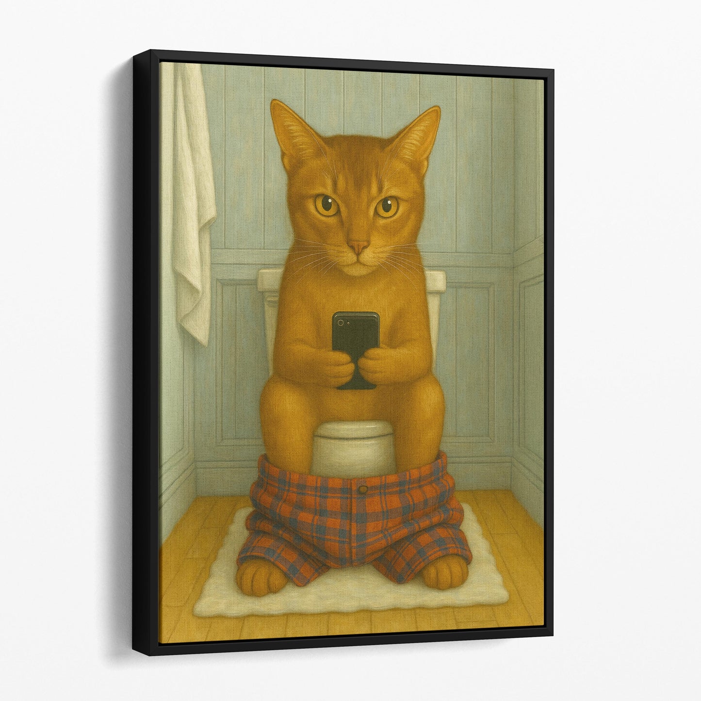 Abyssinian Cat On The Phone On The Toilet