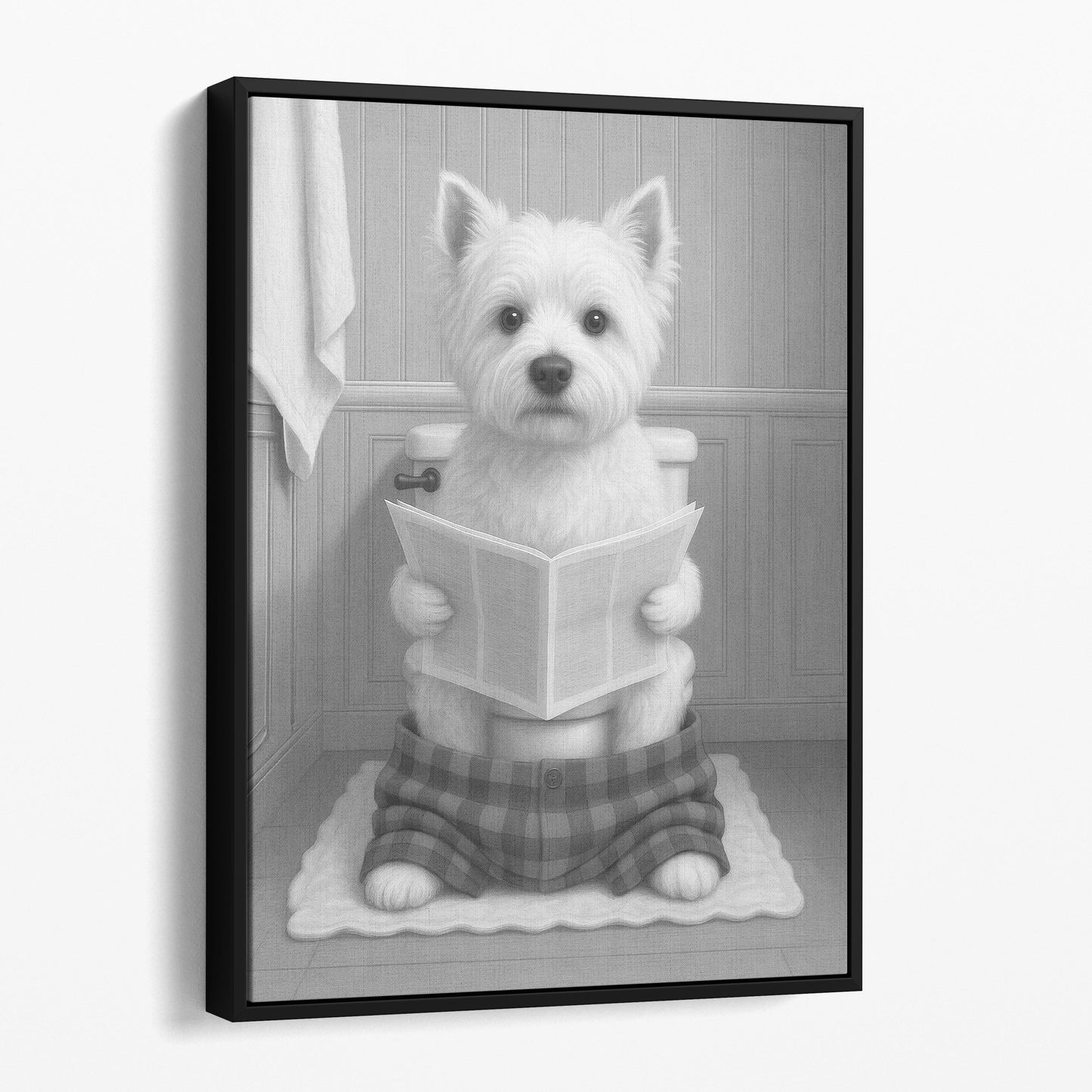 West Highland White Terrier Dog Reading The Newspaper On The Toilet