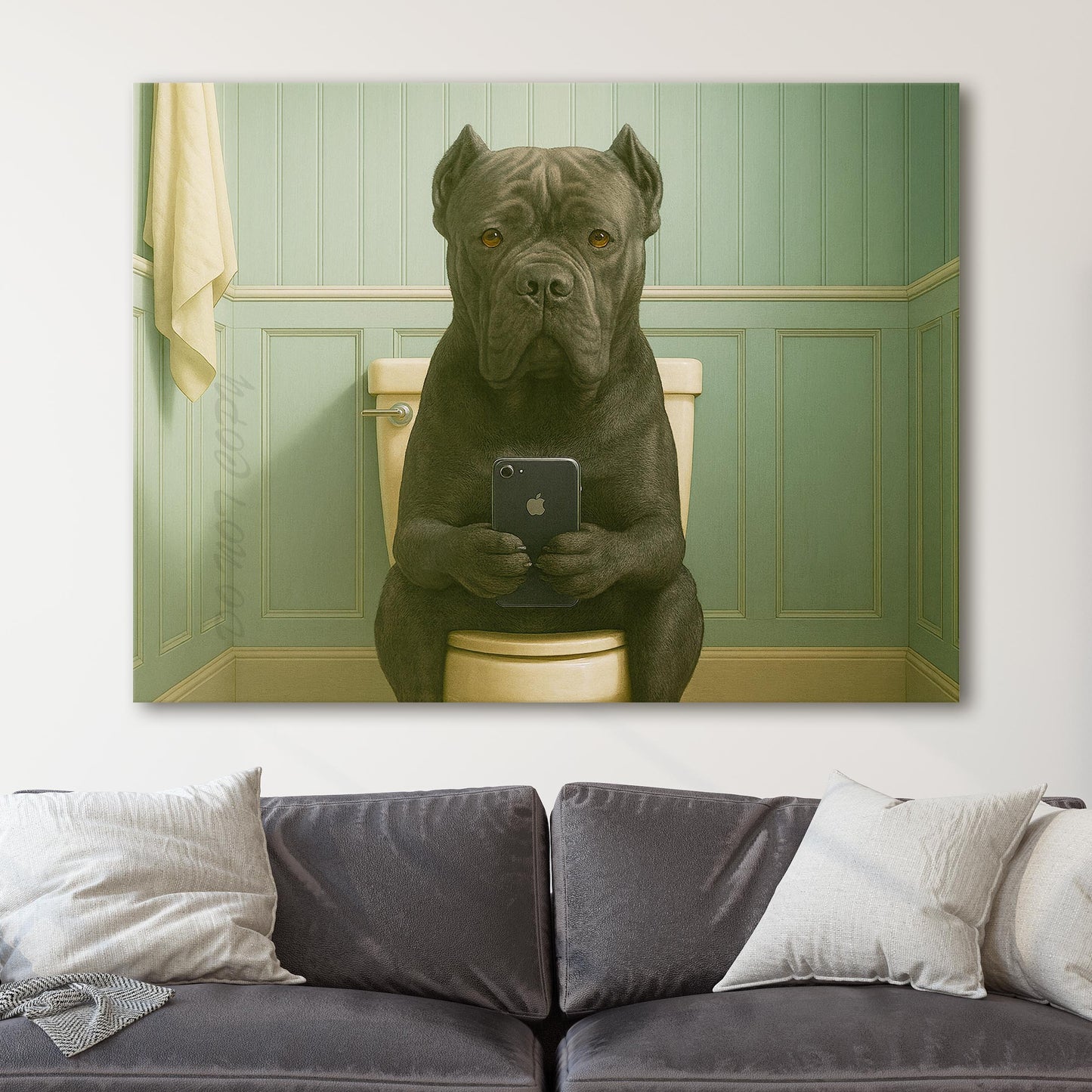 Cane Corso Dog On The Phone On The Toilet
