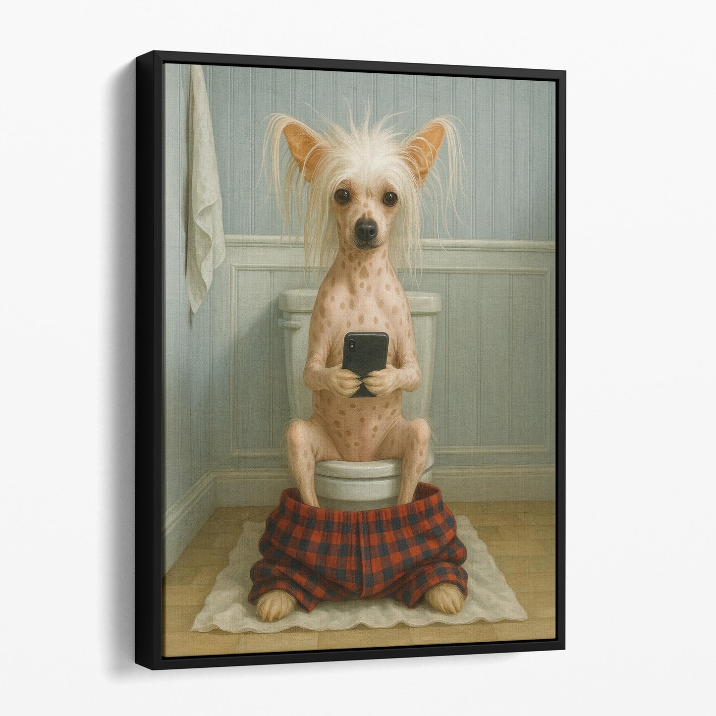 Chinese Crested Dog On The Phone On The Toilet