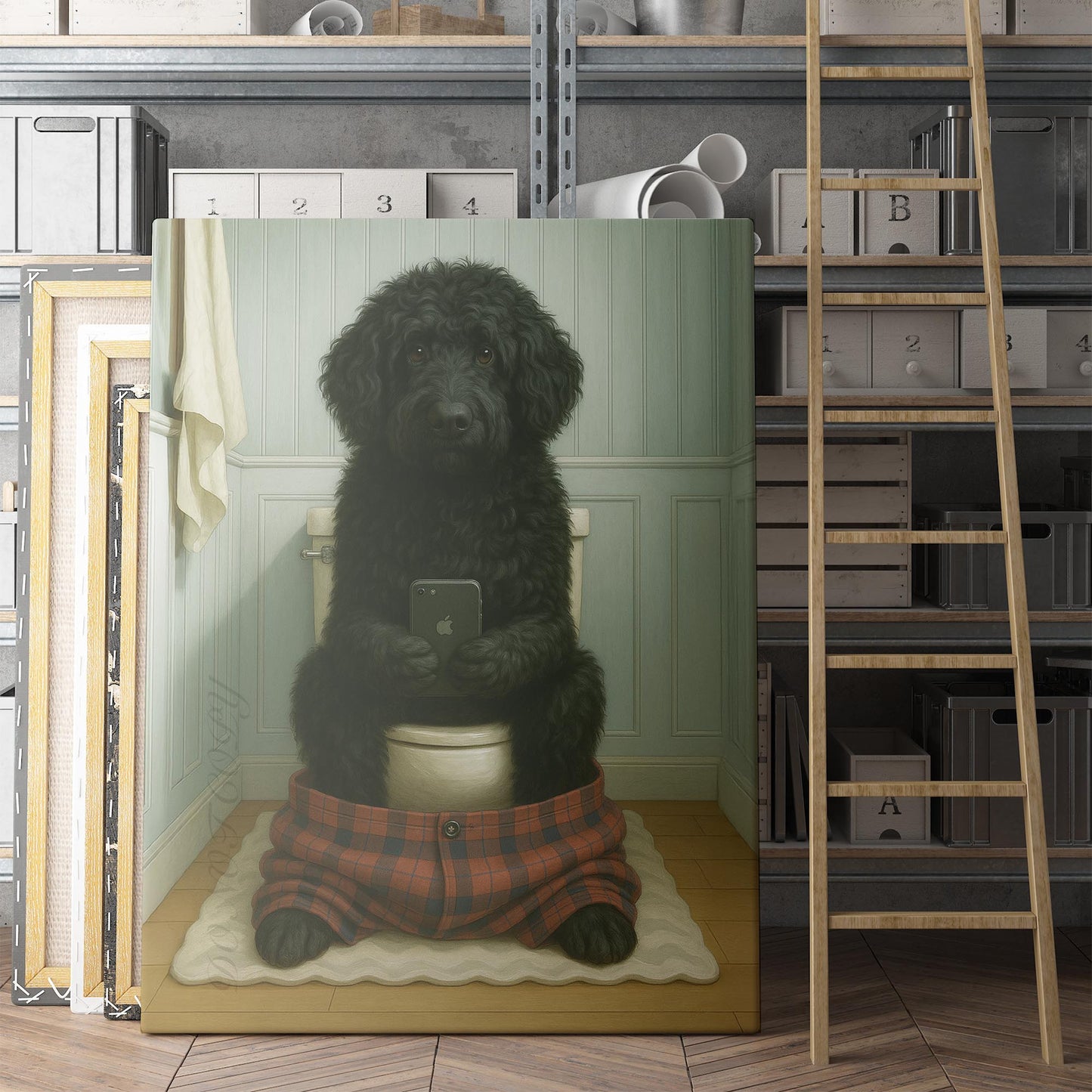 Portuguese Water Dog On The Phone On The Toilet
