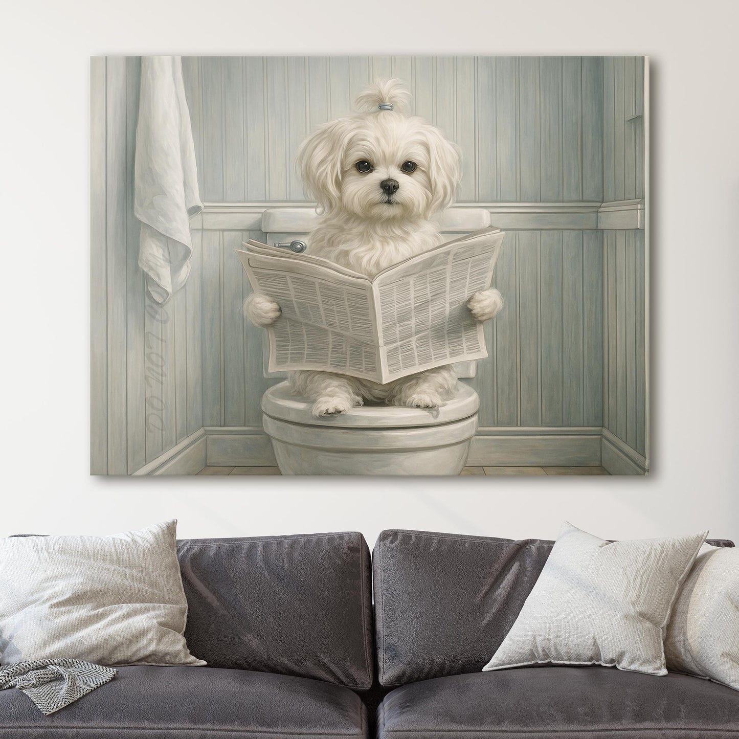 Maltese Dog Reading The Newspaper On The Toilet