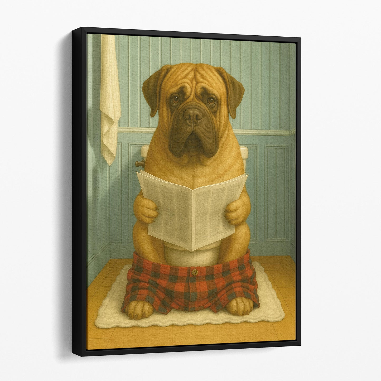 Mastiff Dog Reading The Newspaper On The Toilet