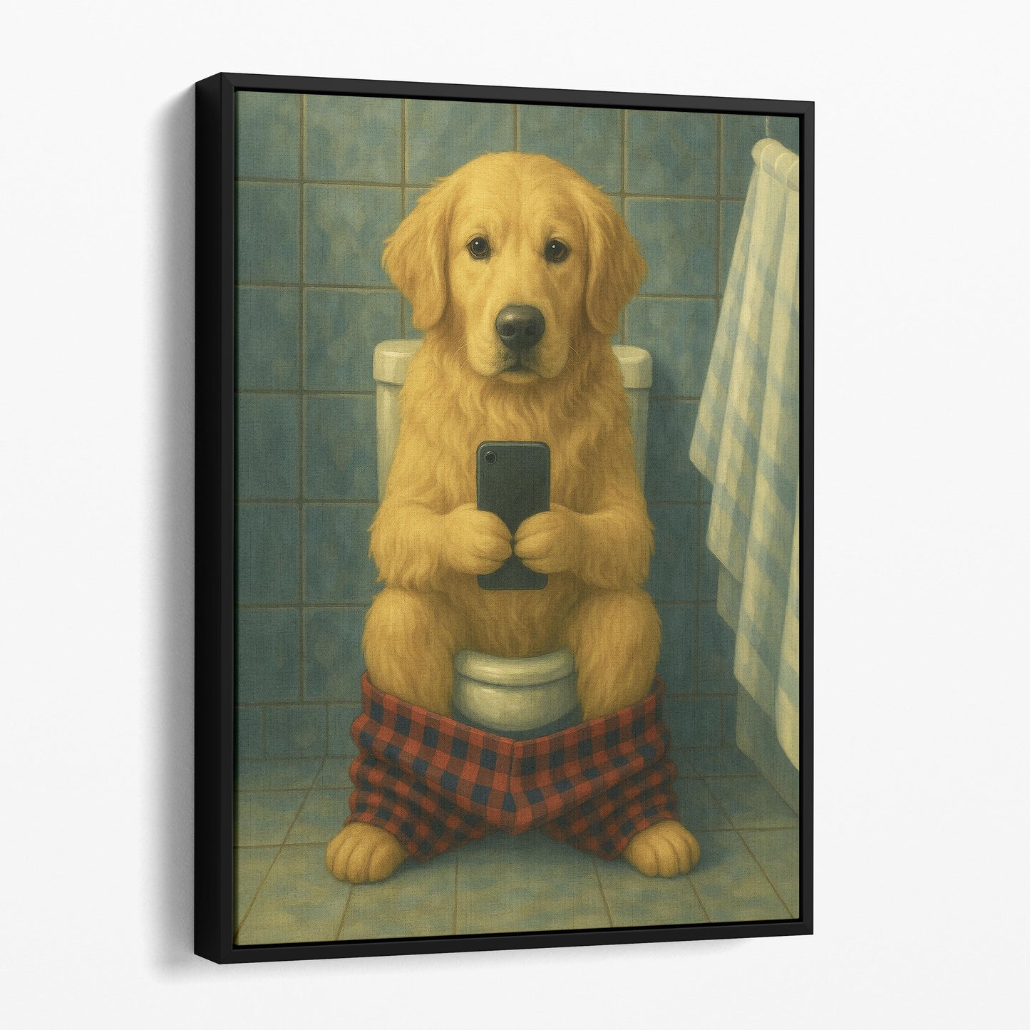 Golden Retriever On The Phone On The Toilet