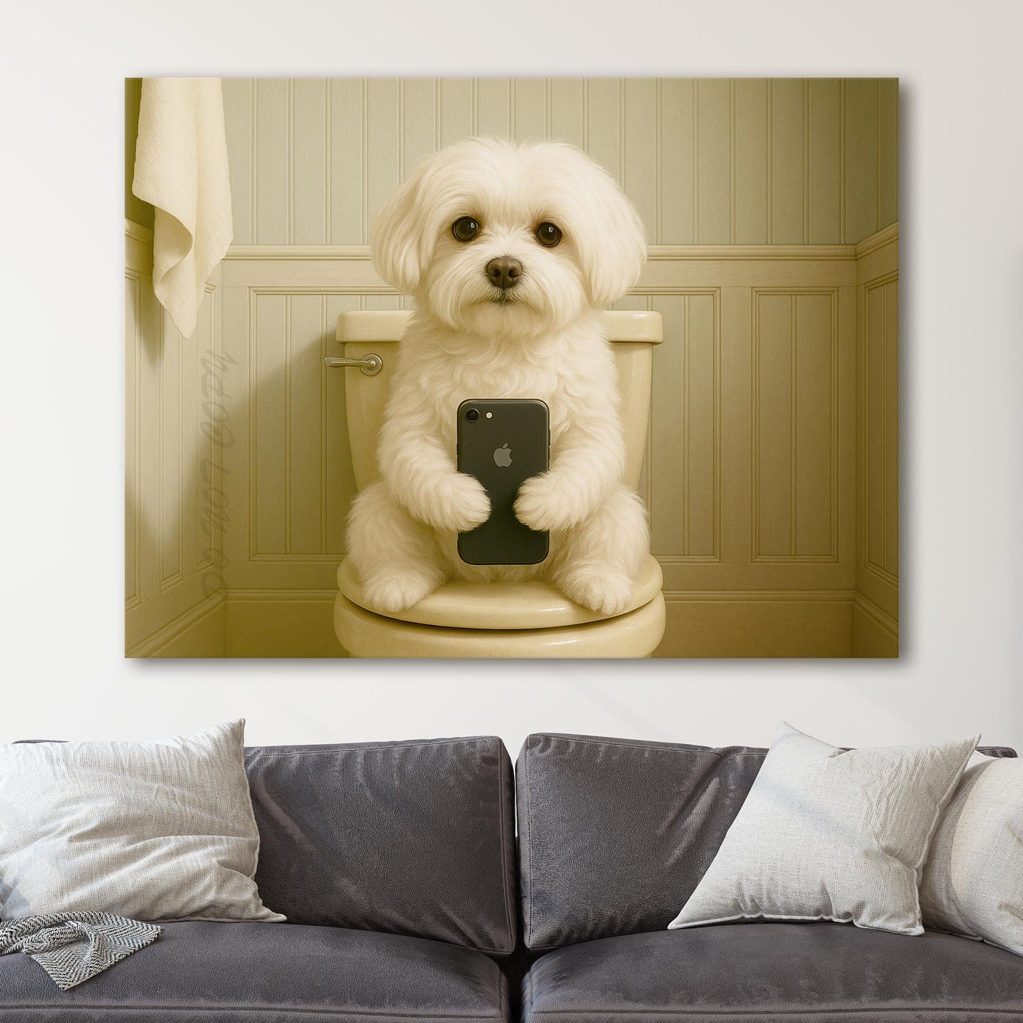 Maltese Dog On The Phone On The Toilet