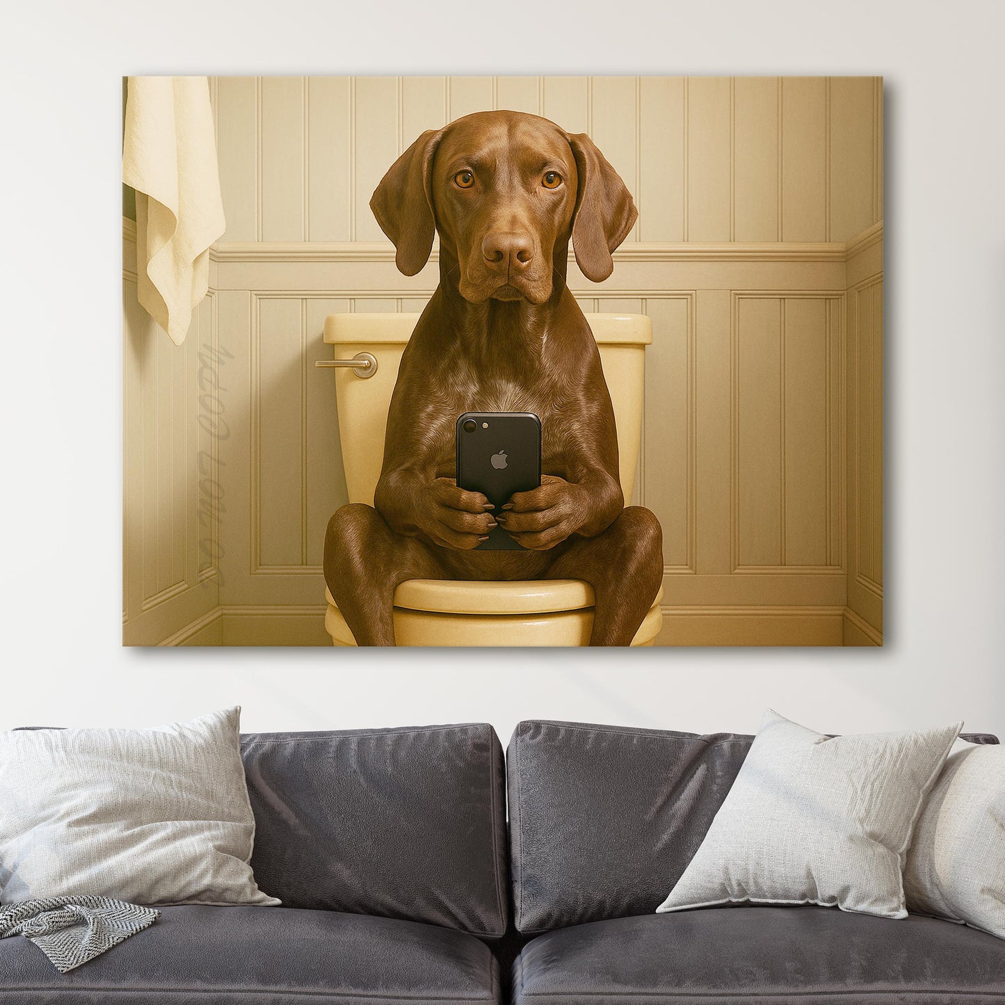 German Short Haired Pointer Dog On The Phone On The Toilet