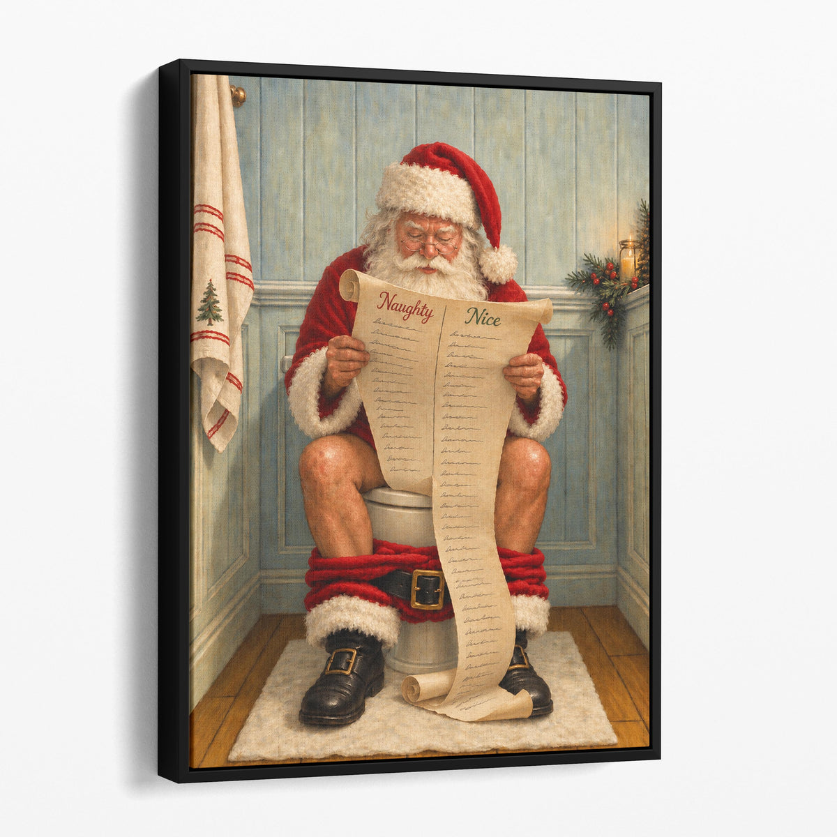 Santa Claus Reading The Naughty & Nice List On The Toilet