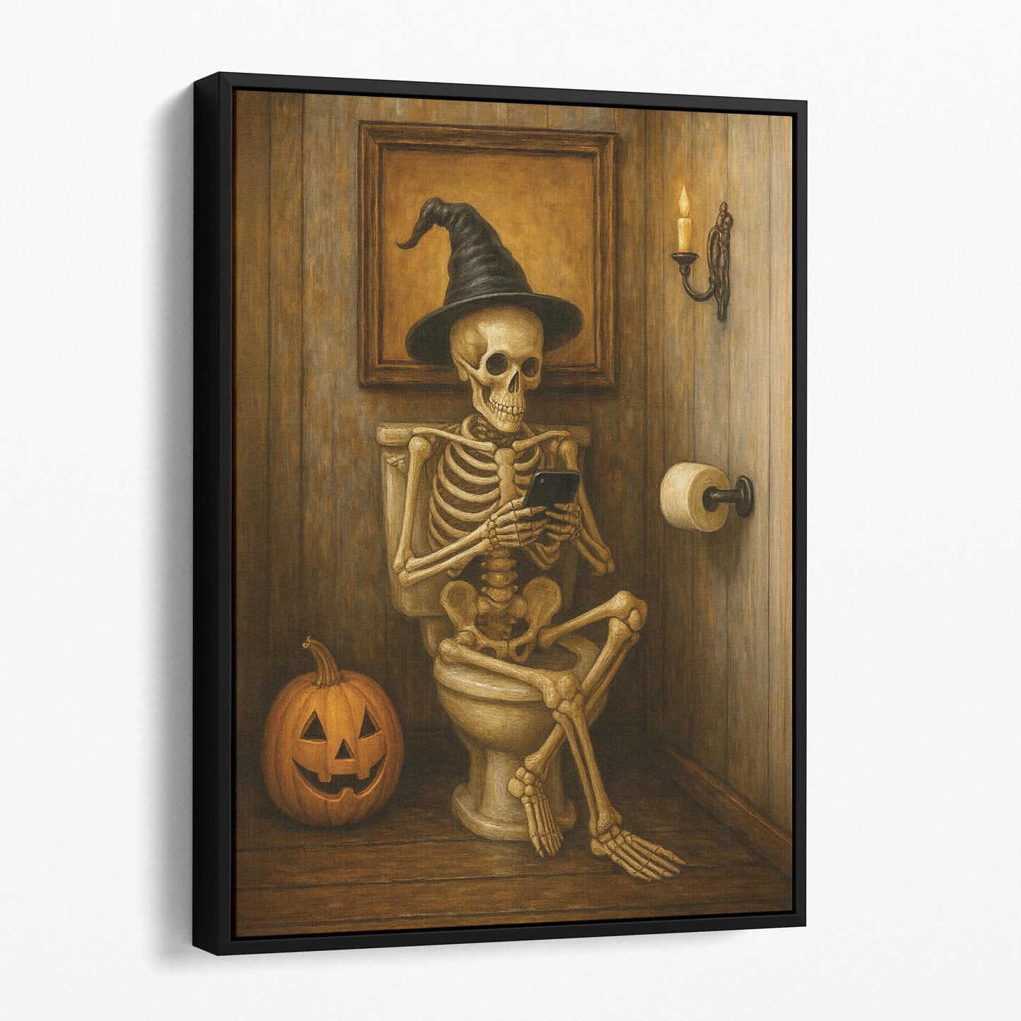 Halloween Skeleton On The Phone On The Toilet