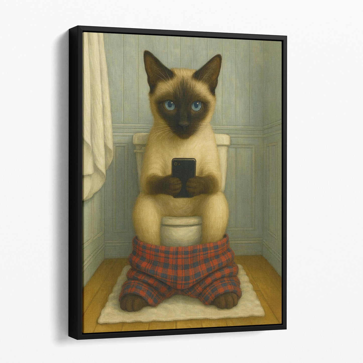 Siamese Cat On The Phone On The Toilet