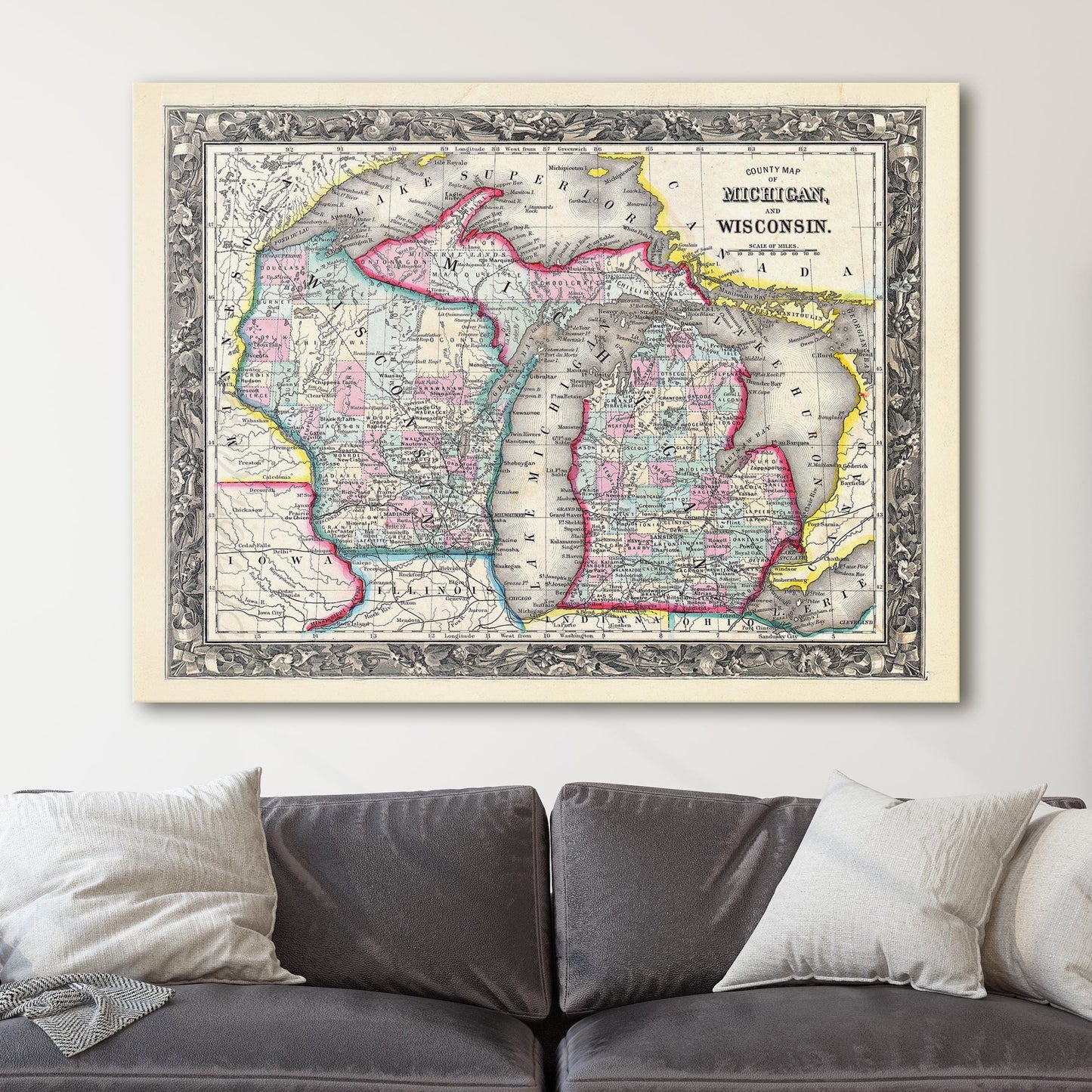 Vintage Map Of Michigan And Wisconsin
