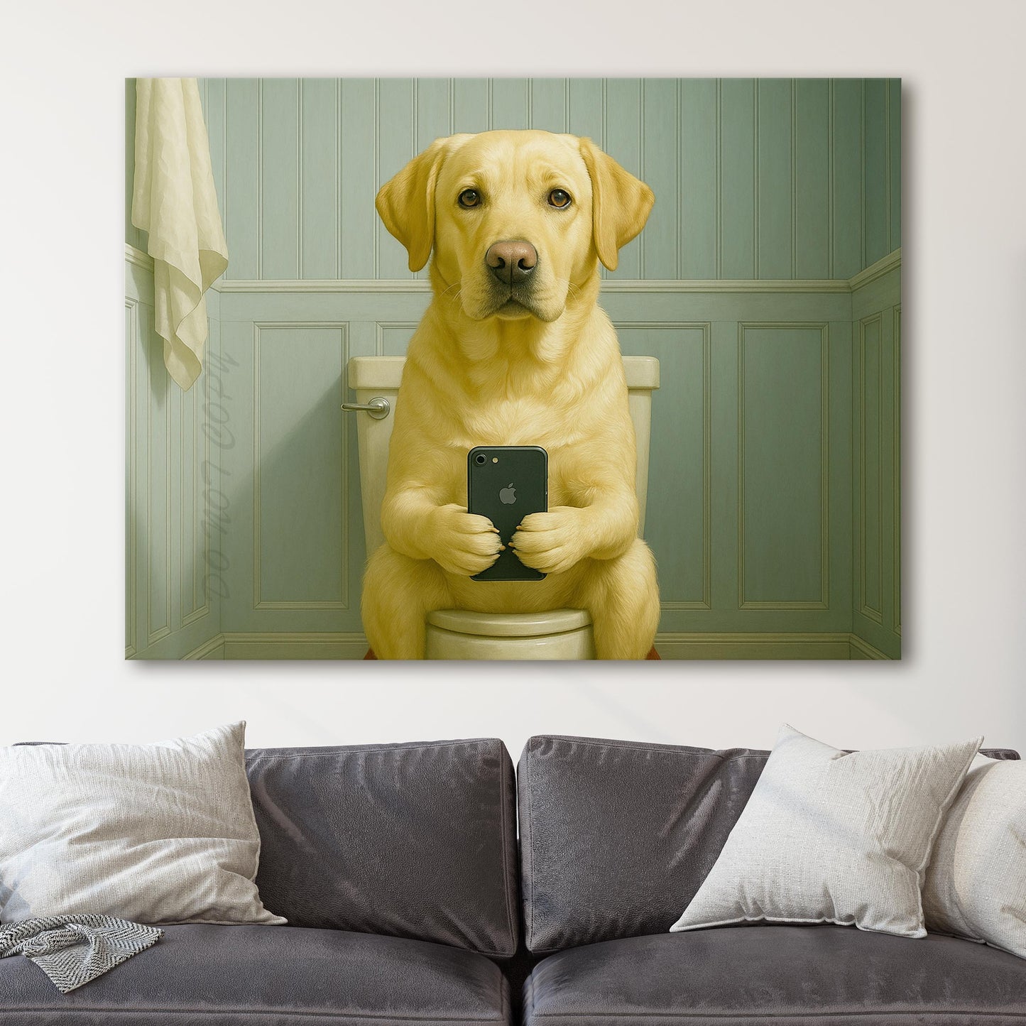 Yellow Labrador Dog On The Phone On The Toilet