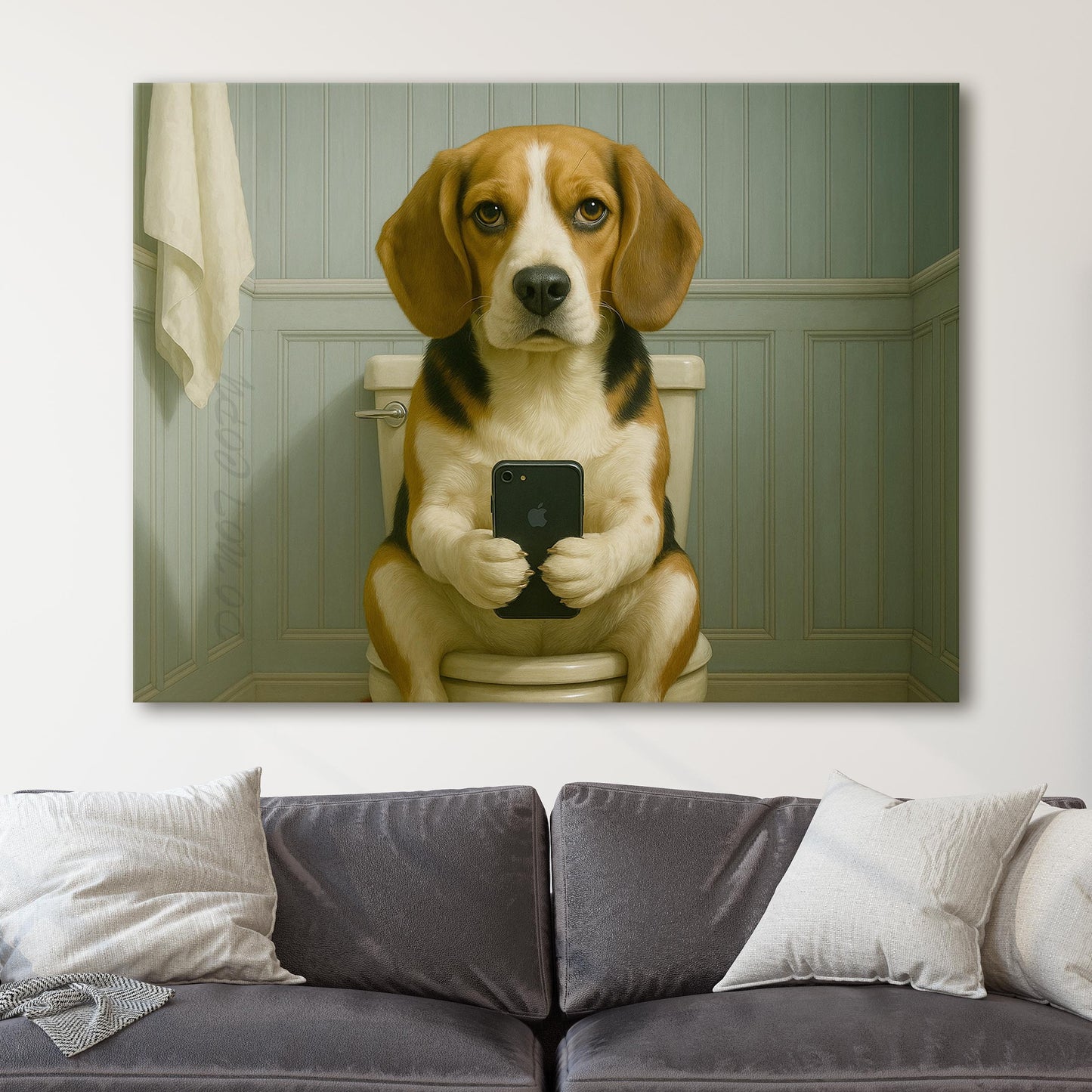 Beagle Dog On The Phone On The Toilet