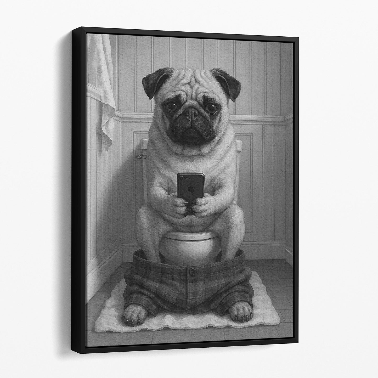 Pug Dog On The Phone On The Toilet
