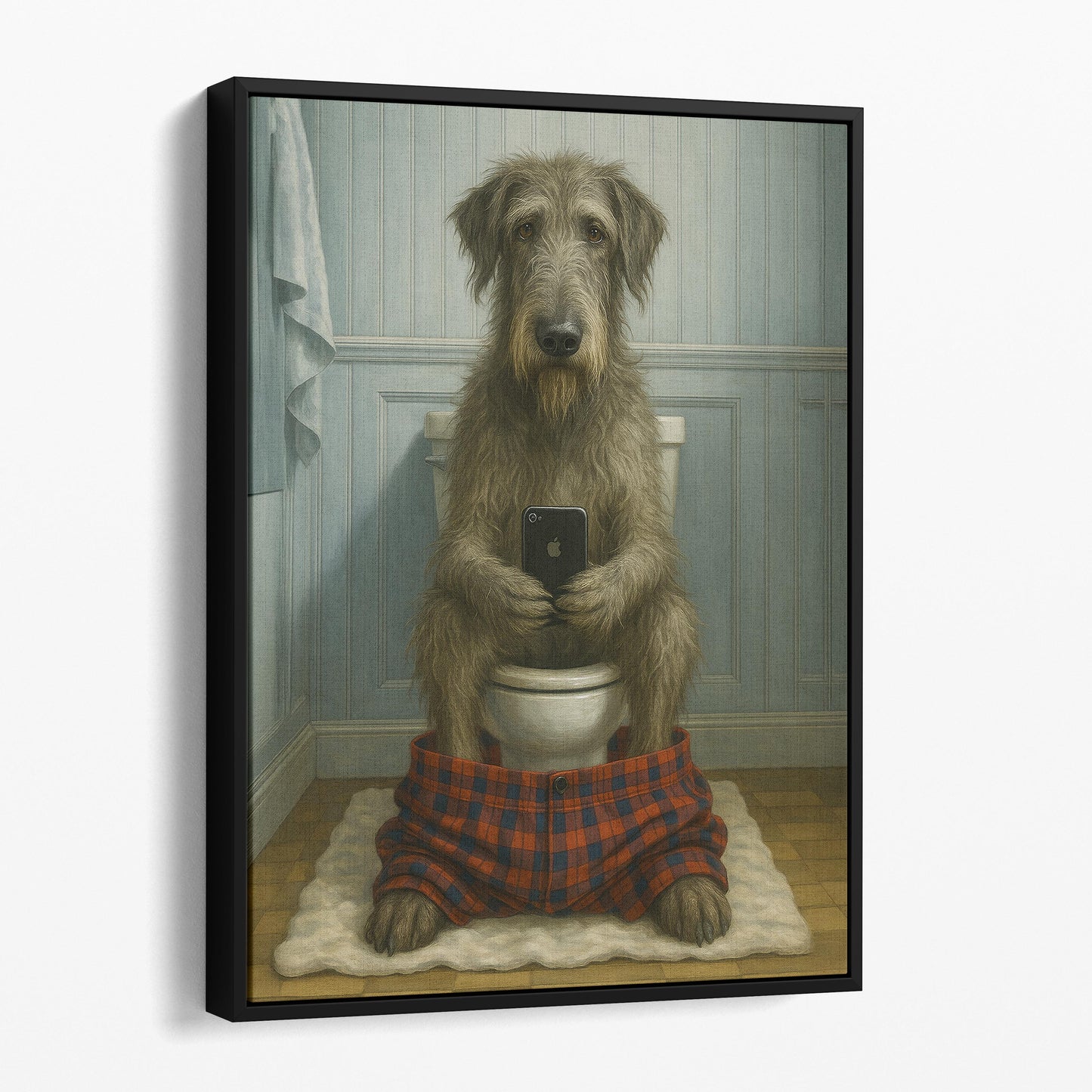 Irish Wolfhound Dog On The Phone On The Toilet