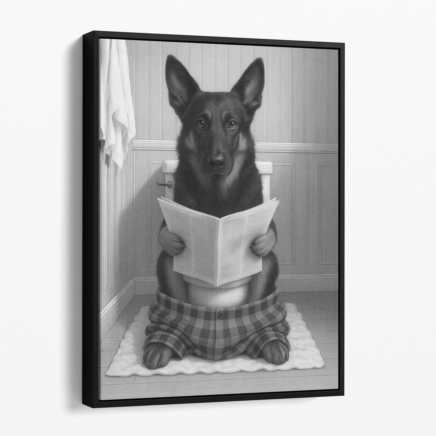 Belgian Shepherd Dog Reading The Newspaper On The Toilet