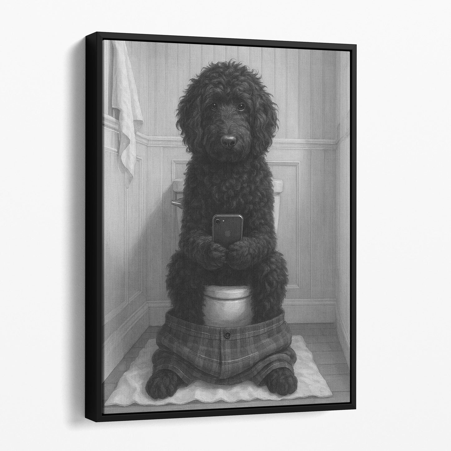 Black Golden Doodle Dog On The Phone On The Toilet