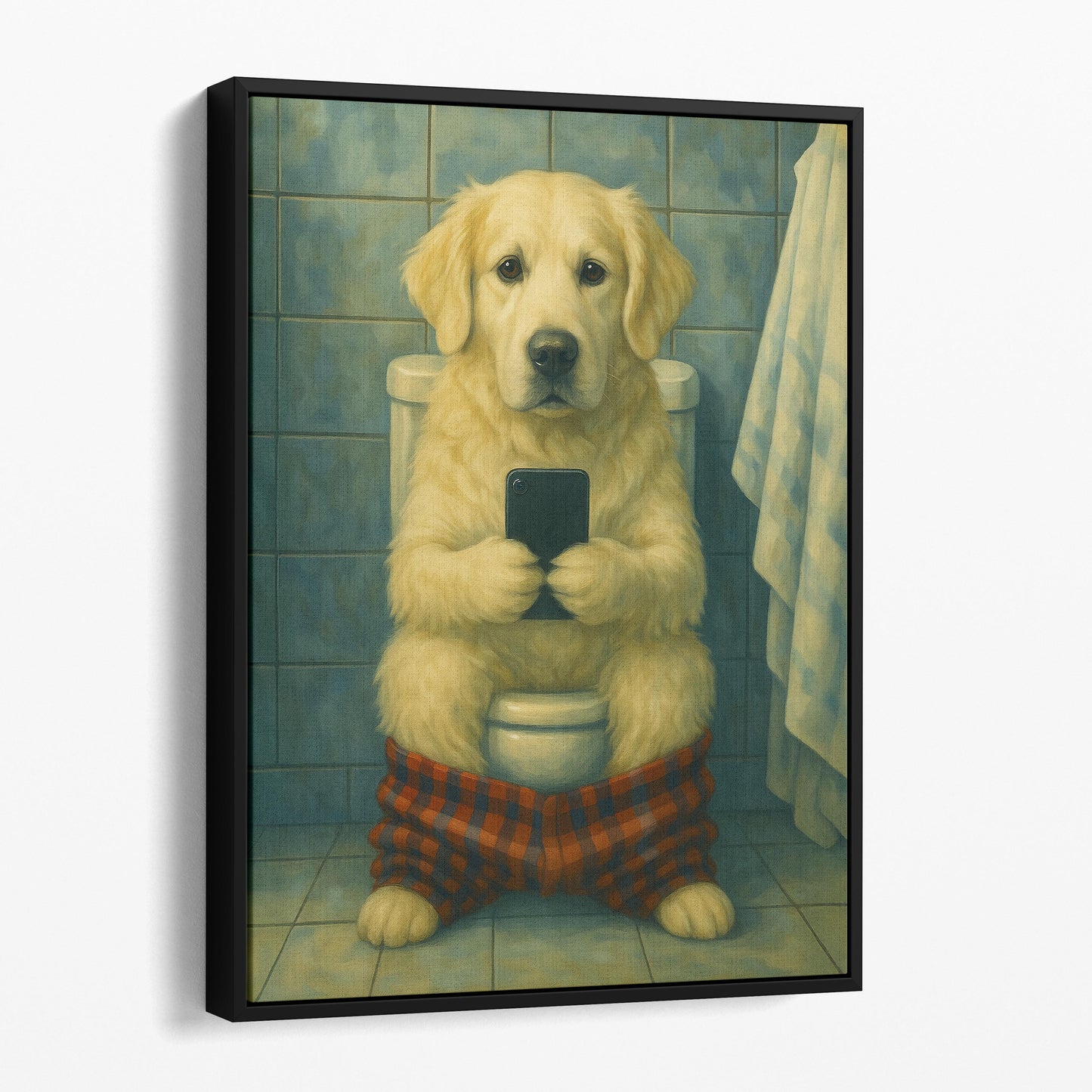 English Cream Golden Retriever On The Phone On The Toilet