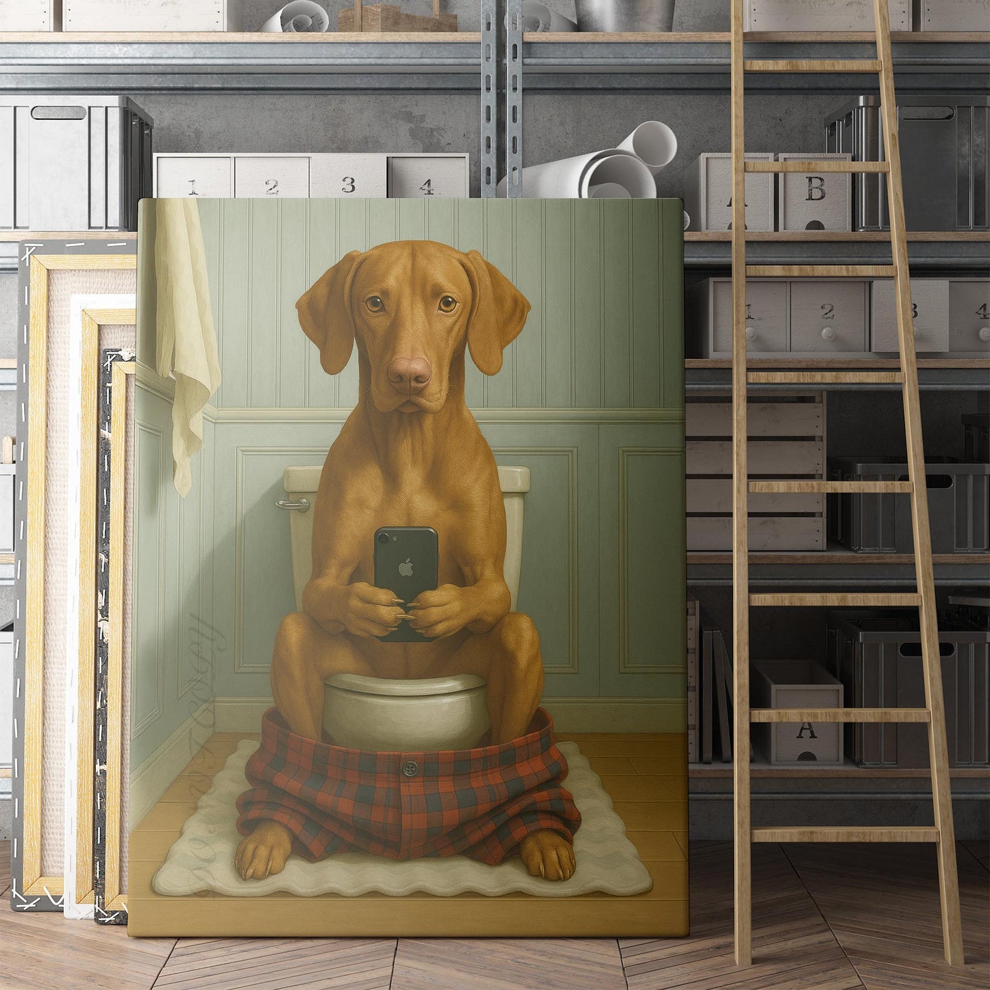 Vizsla Dog On The Phone On The Toilet