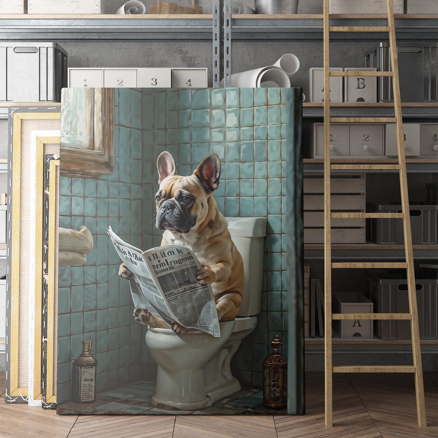 French Bulldog Reading The Newspaper On The Toilet