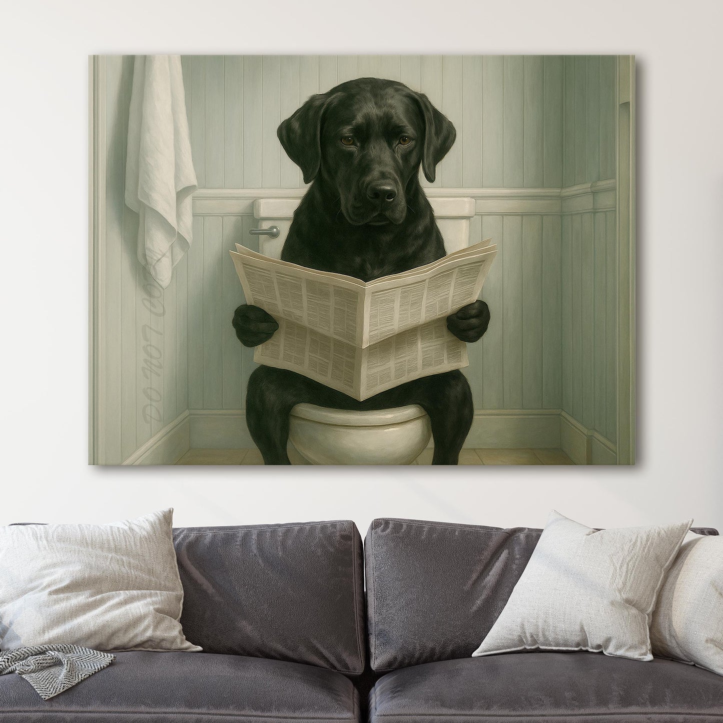 Black Labrador Retriever Reading The Newspaper On The Toilet