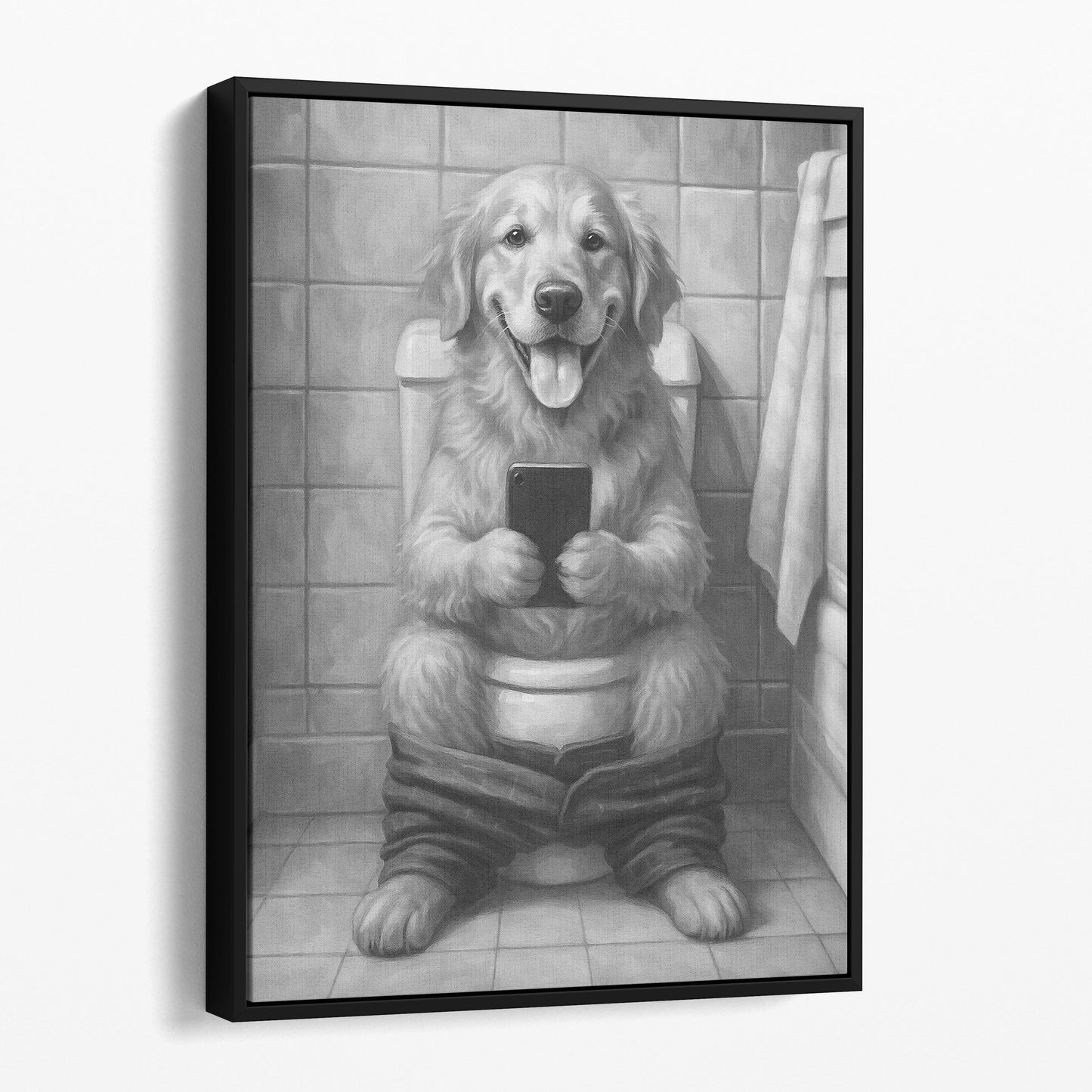 Golden Retriever On The Phone On The Toilet