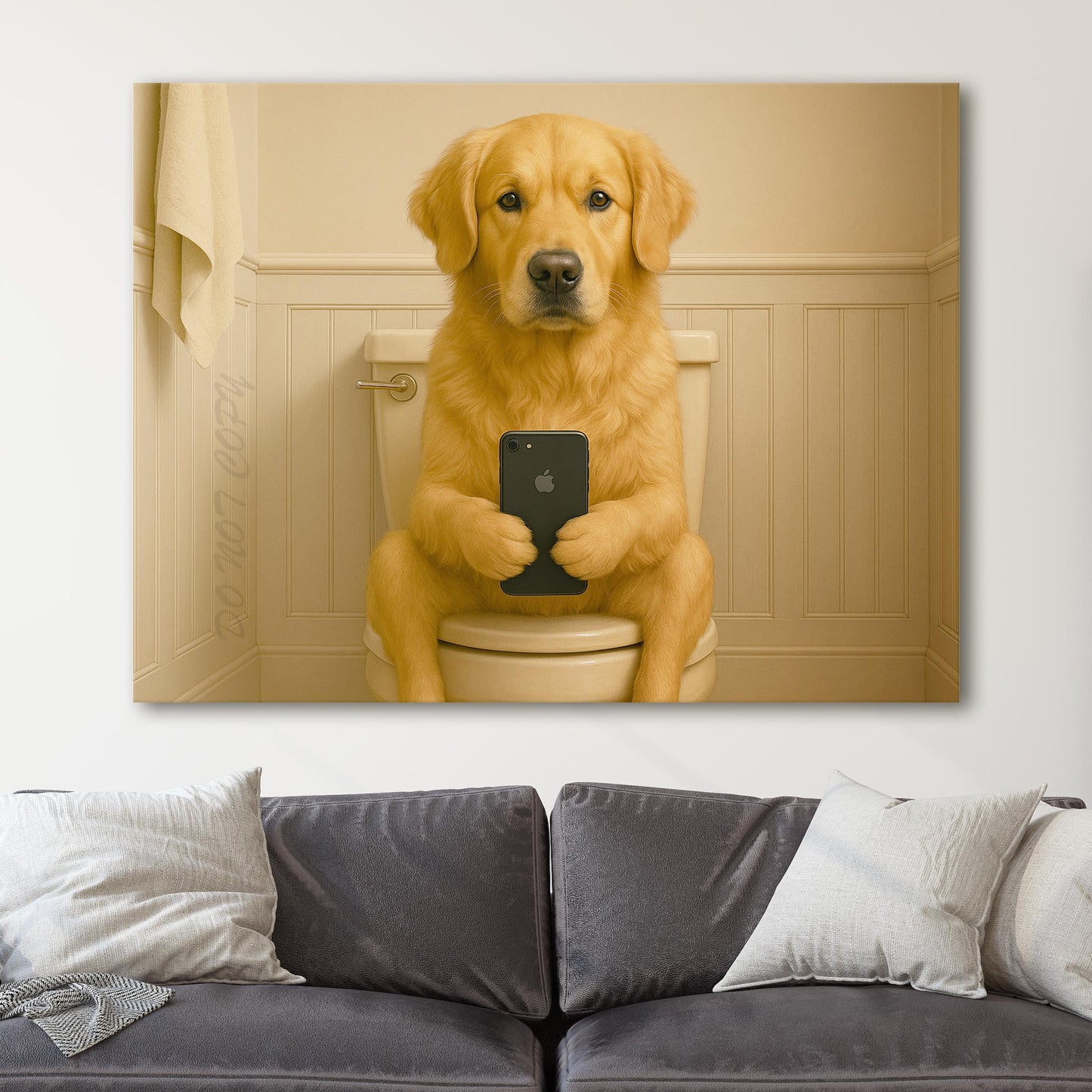 Golden Retriever Dog On The Phone On The Toilet