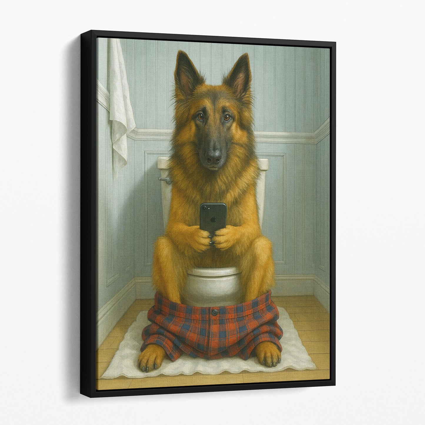 Belgian Tervuren Dog On The Phone On The Toilet