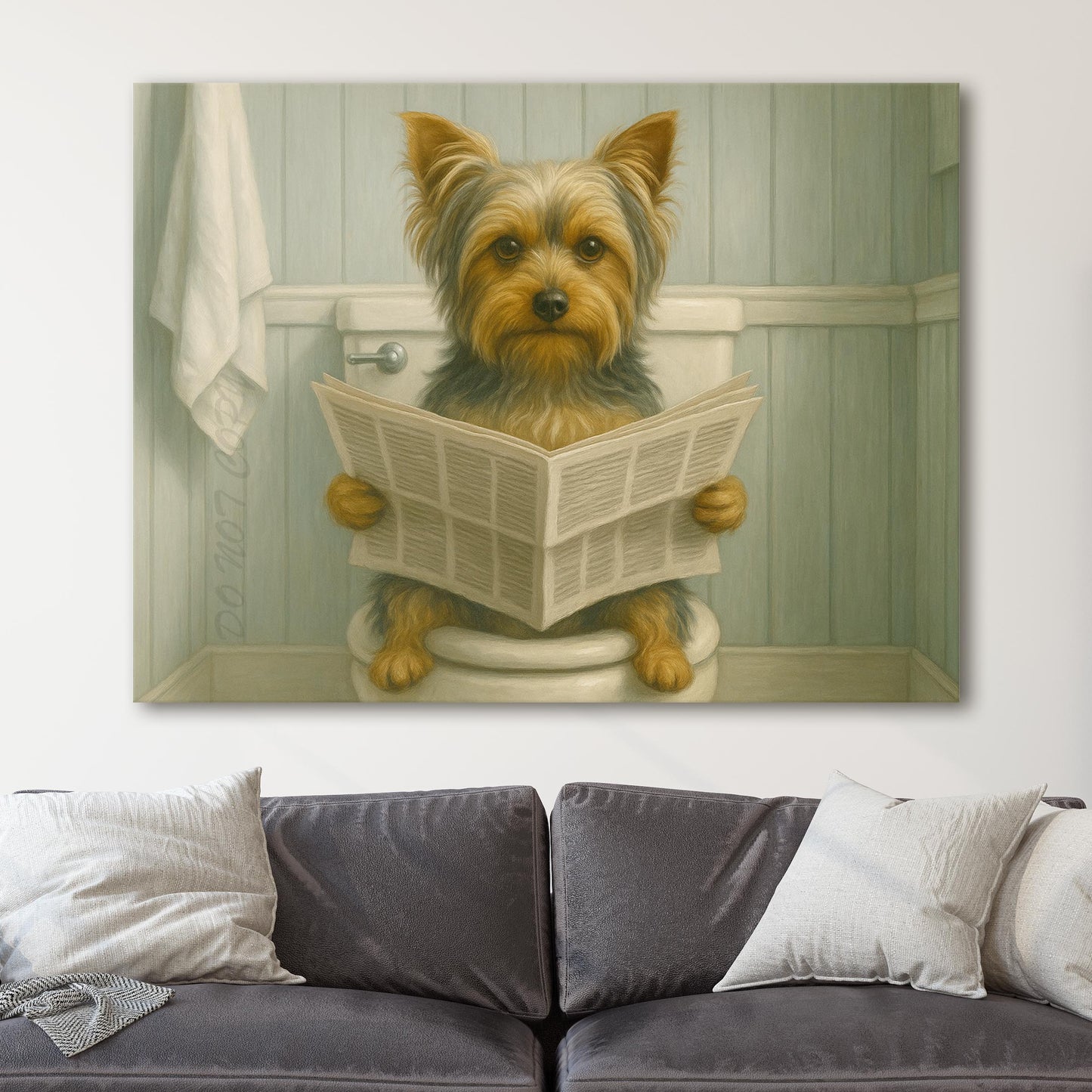 Yorkshire Terrier Reading The Newspaper On The Toilet