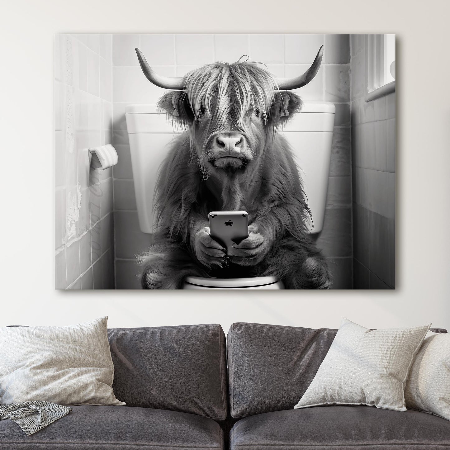 Highland Cow On The Phone On The Toilet II