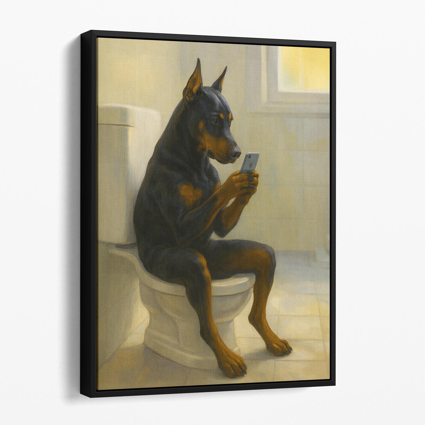 Doberman Pinscher Dog On The Phone On The Toilet