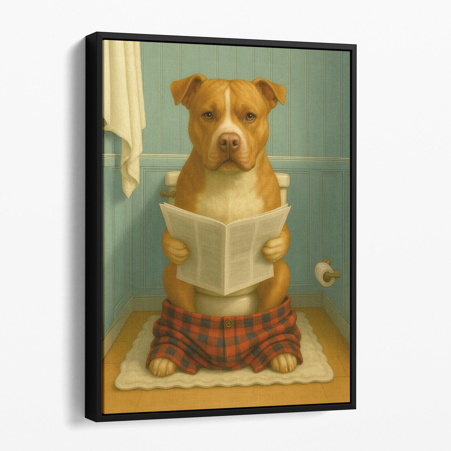 Pit Bull Dog Reading The Newspaper On The Toilet