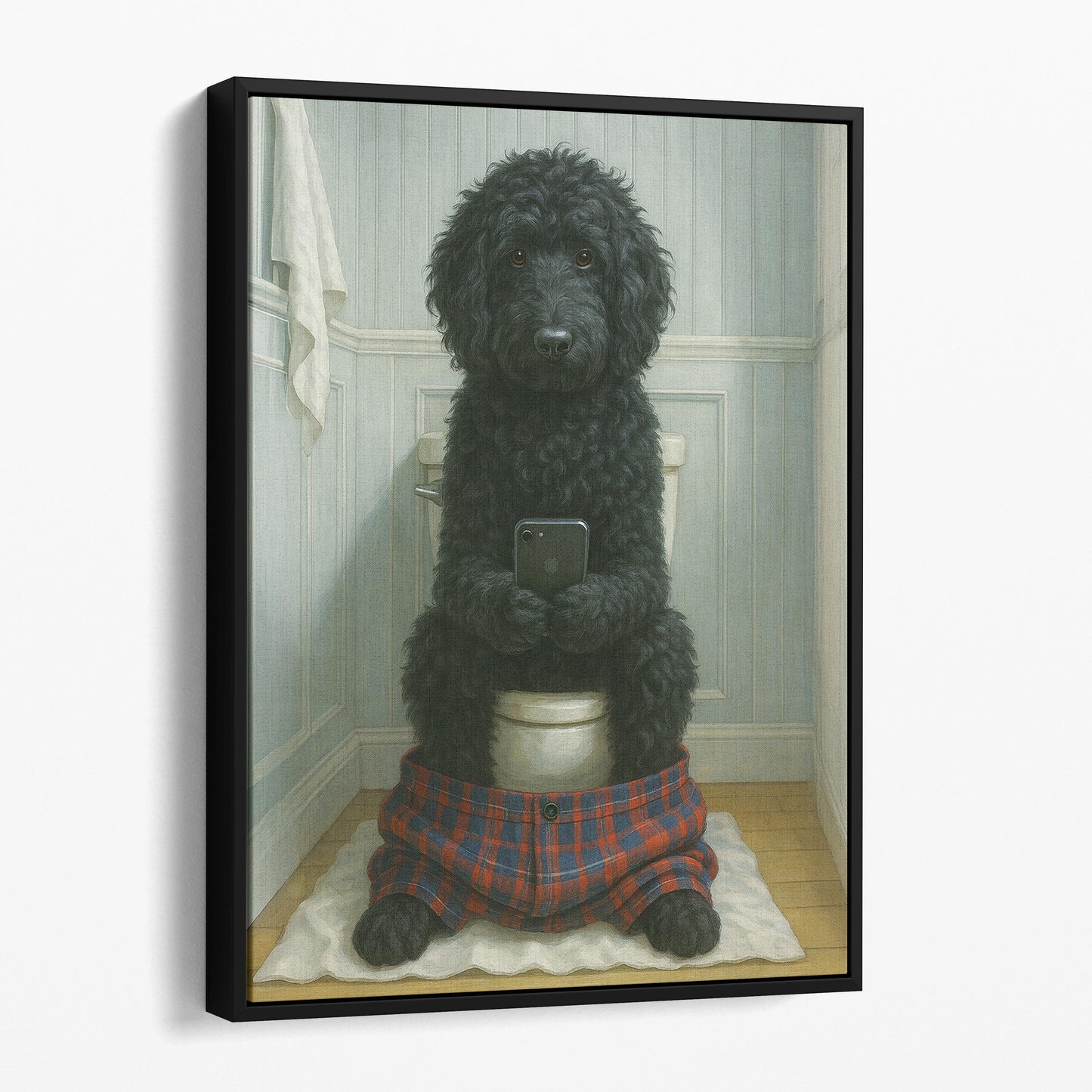 Black Golden Doodle Dog On The Phone On The Toilet
