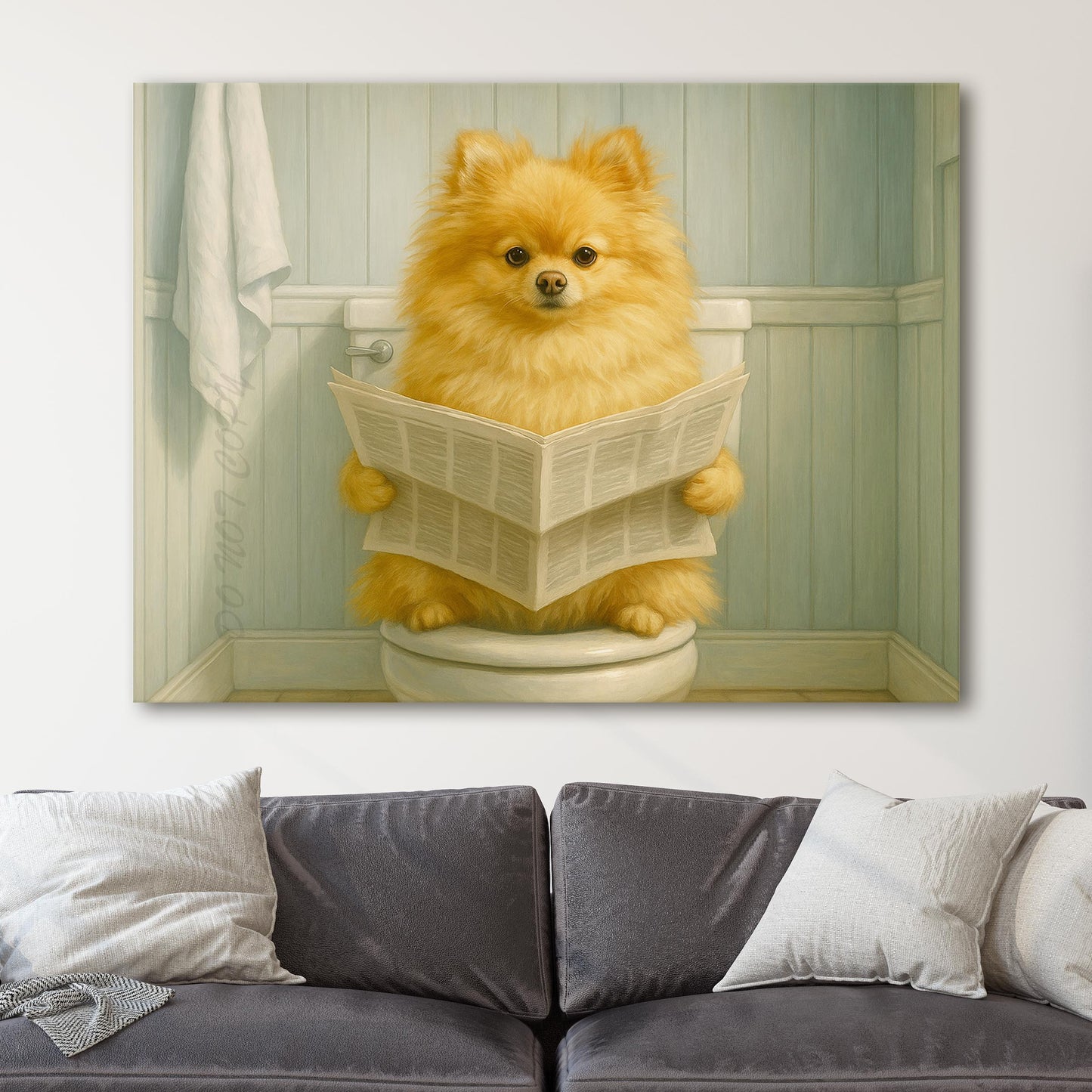 Pomeranian Dog Reading The Newspaper On The Toilet