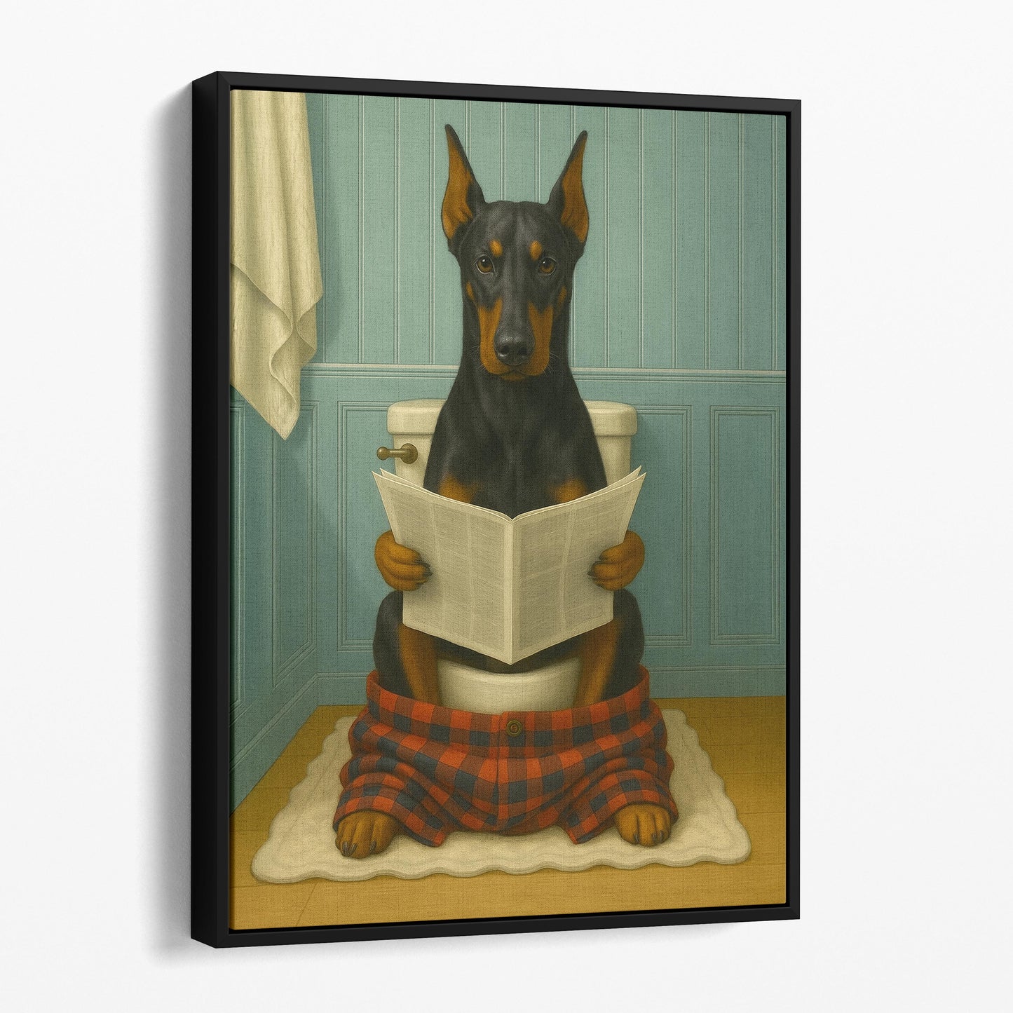 Dobermann Dog Reading The Newspaper On The Toilet