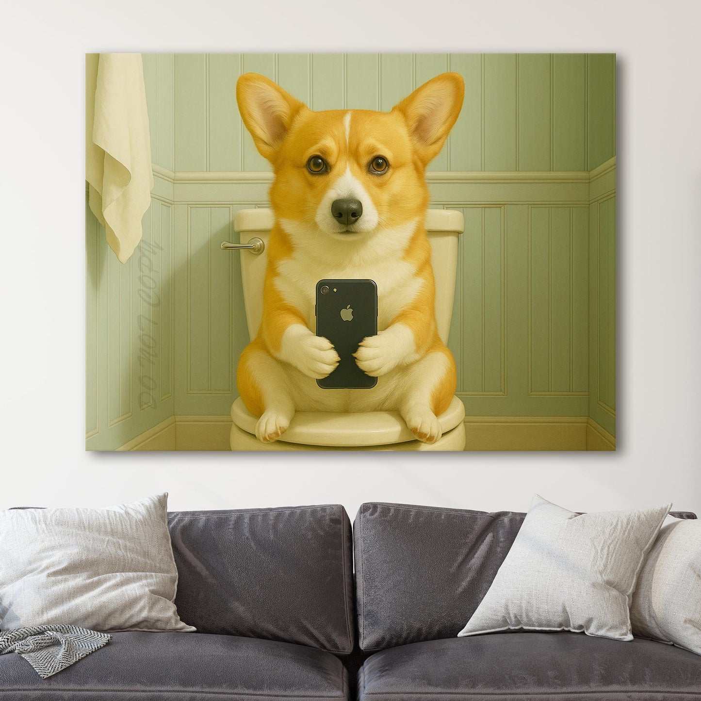 Corgi Dog On The Phone On The Toilet