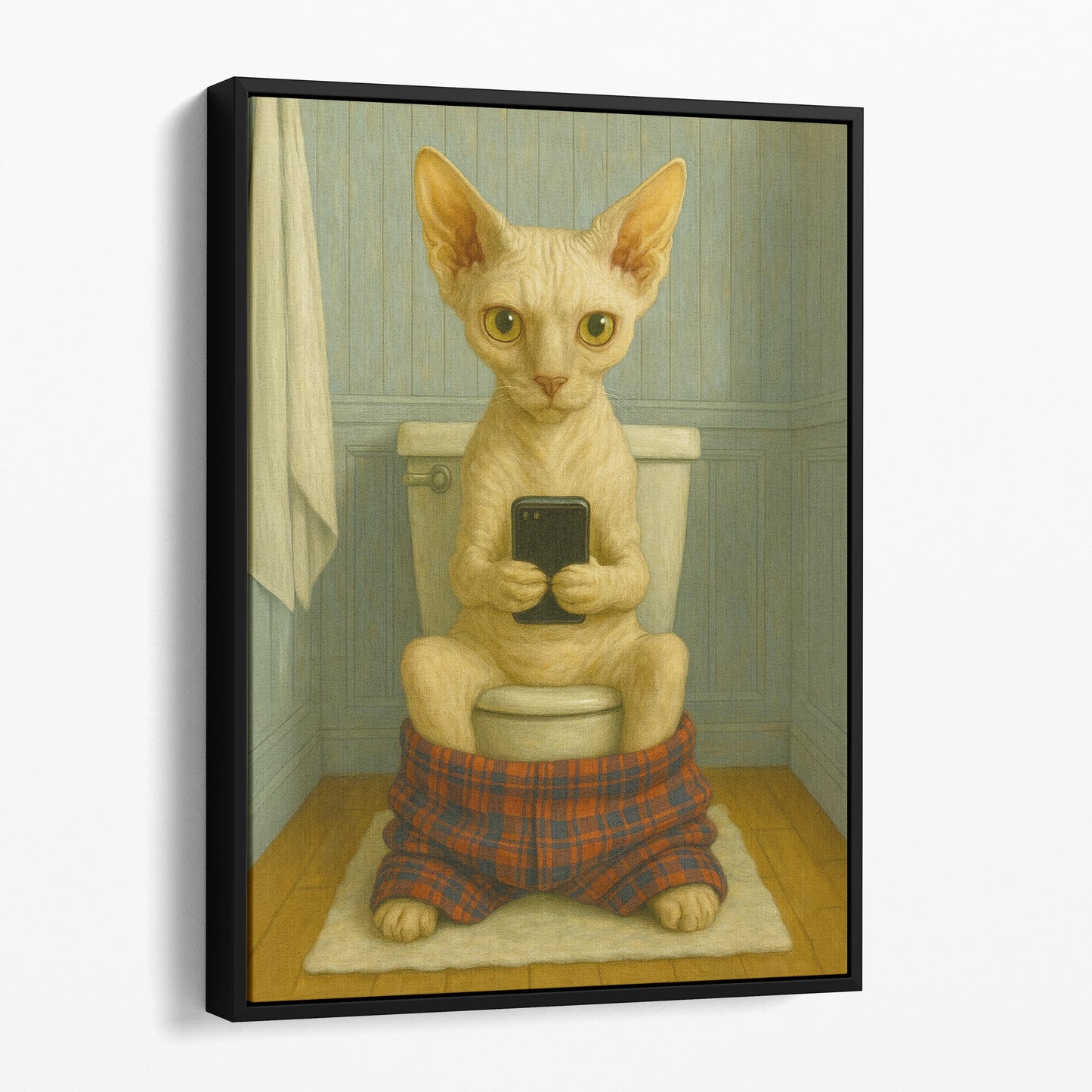 Devon Rex Cat On The Phone On The Toilet