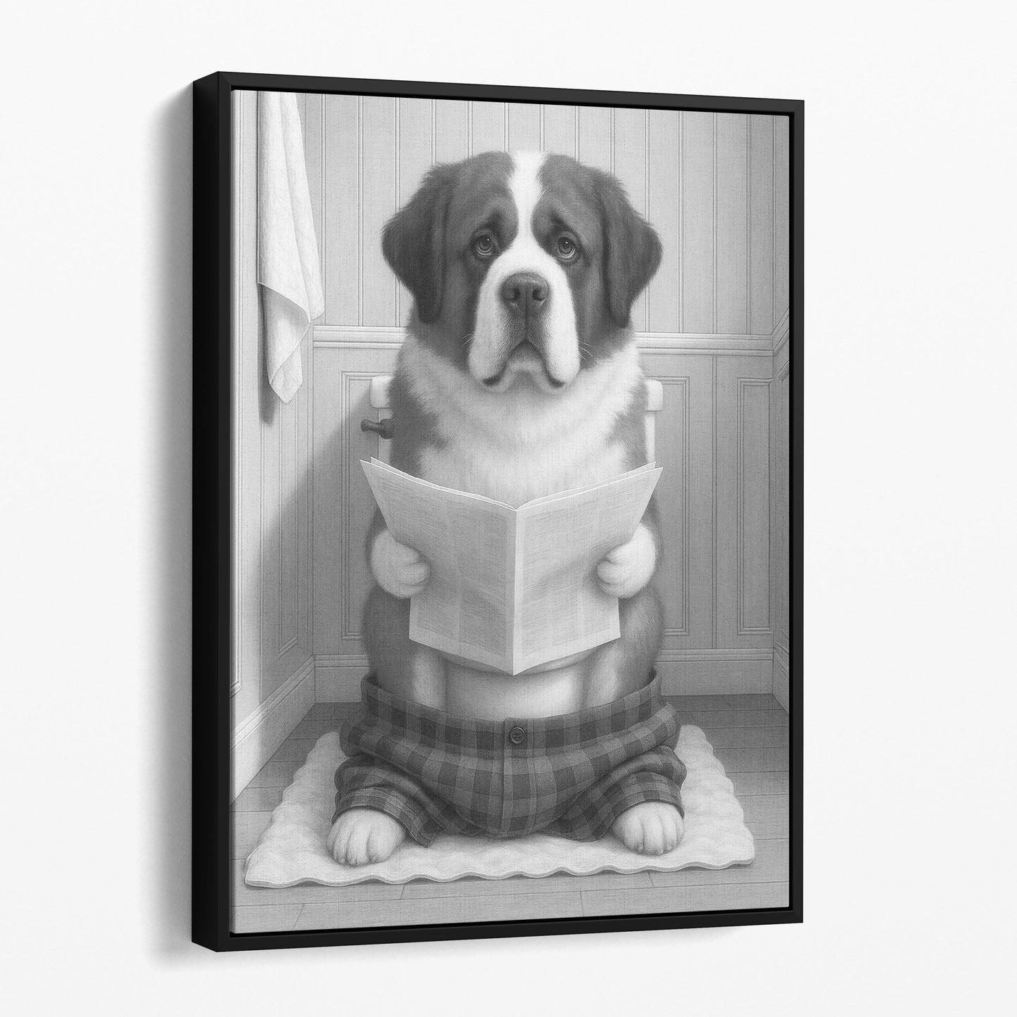 Saint Bernard Dog Reading The Newspaper On The Toilet