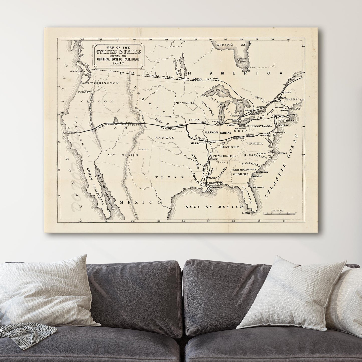 Map of the United States 1867 Central Pacific Railroad