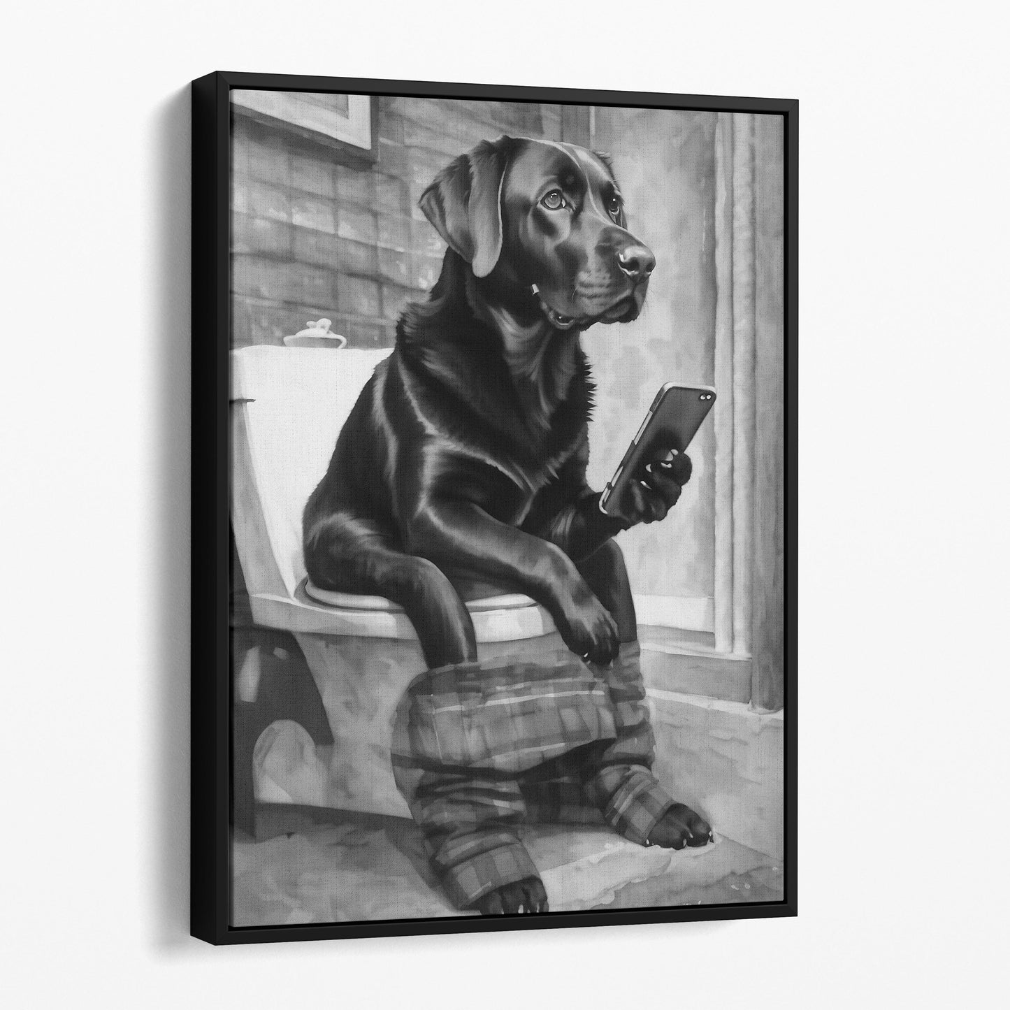 Black Labrador On The Toilet On The Phone