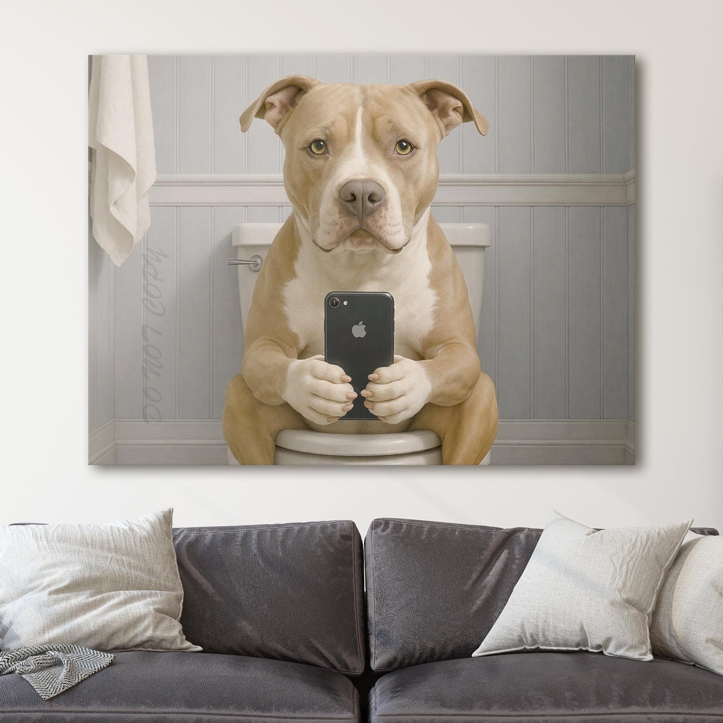 American Pit Bull Terrier Dog On The Phone On The Toilet